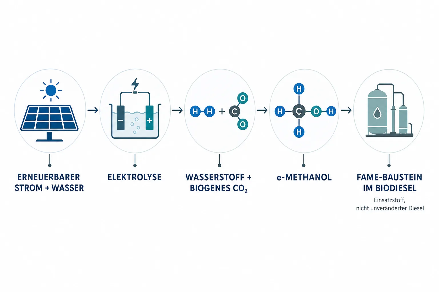 Prozessgrafik verbindet erneuerbaren Strom und Wasser über Elektrolyse mit Wasserstoff, biogenem CO2, e-Methanol und einem FAME-Baustein im Biodiesel