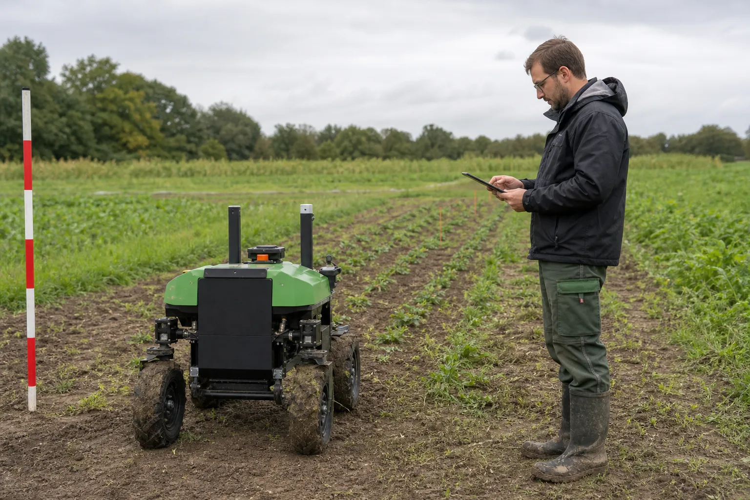 Bedienperson prüft eine geplante Robotermission am Feldrand vor dem Einsatz