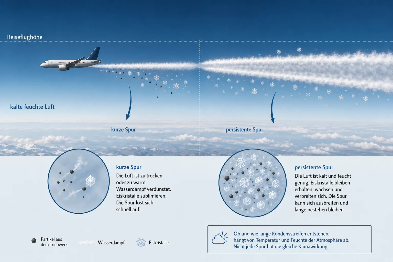 Atmosphärengrafik mit kalter feuchter Luft und kurzen sowie persistenten Kondensstreifen