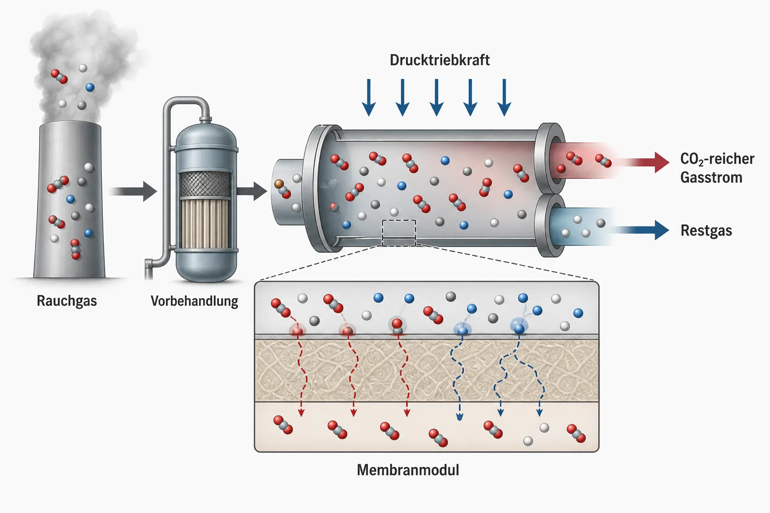 Schema der druckgetriebenen Membrantrennung von CO₂ aus Zement-Rauchgas