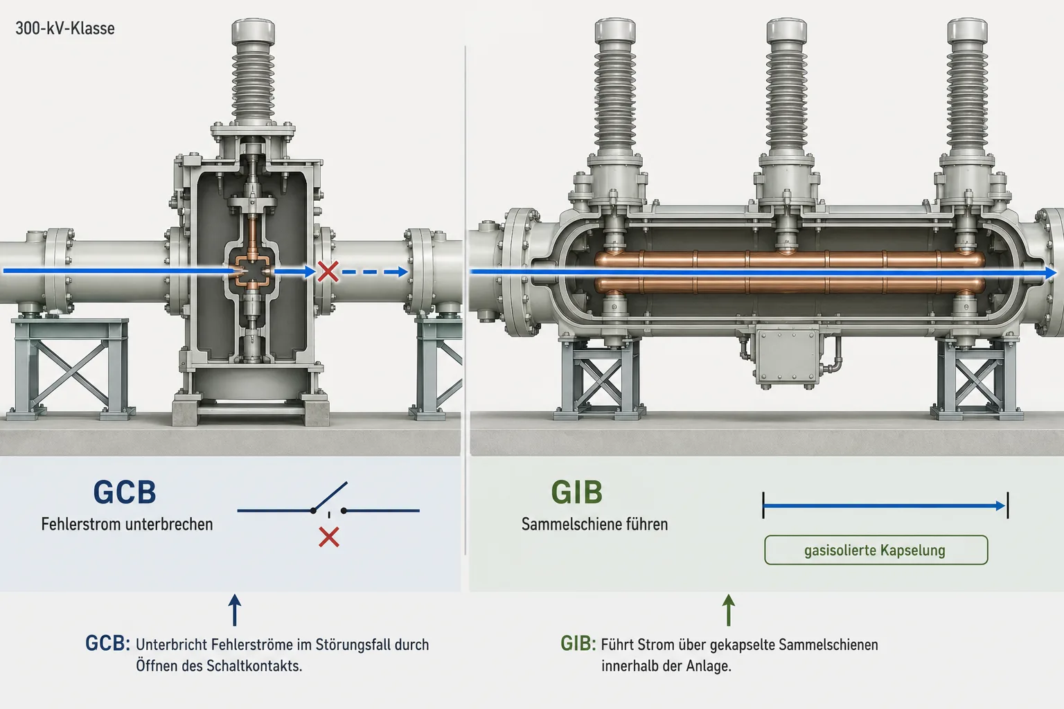 Erklärgrafik mit GCB zur Fehlerstromunterbrechung und GIB zur Führung gekapselter Sammelschienen