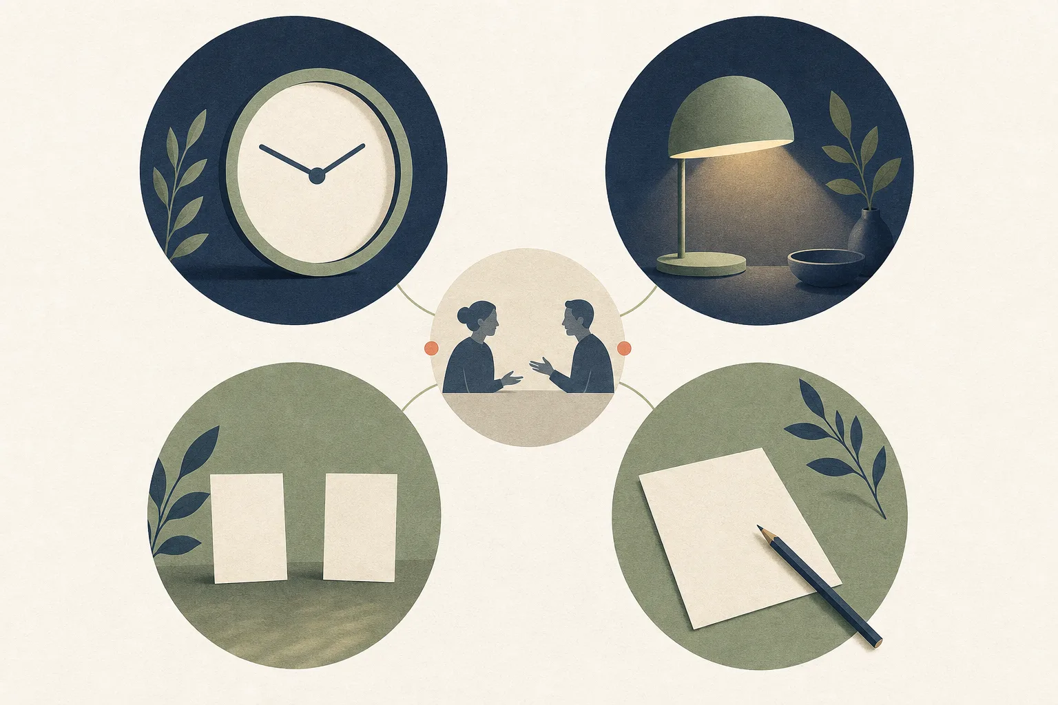 Redaktionelle Illustration ordnet eine Uhr, eine Tischlampe, zwei getrennte Karten und einen Bleistift als vier Gesprächsfelder an.