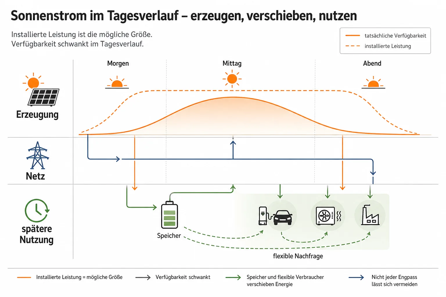 Erklärgrafik mit Solarverlauf, Mittagsmaximum, Speicher, Netz und flexibler Nachfrage