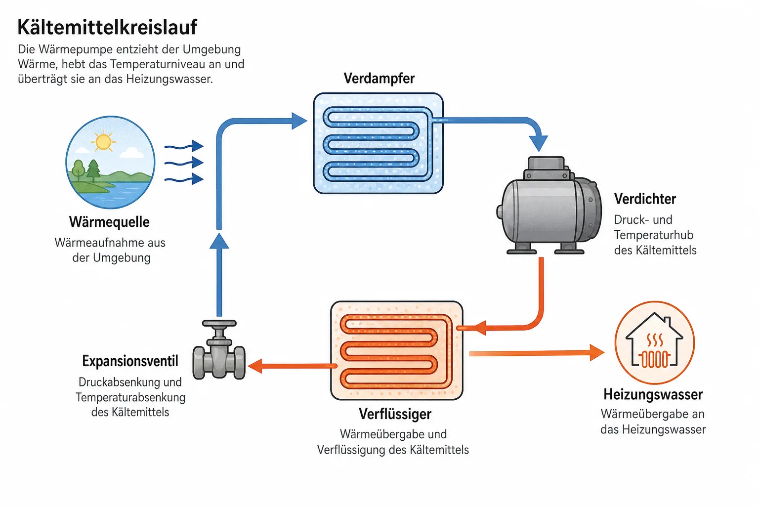 Erklärgrafik mit Wärmequelle, Verdampfer, Verdichter, Verflüssiger und Expansionsventil