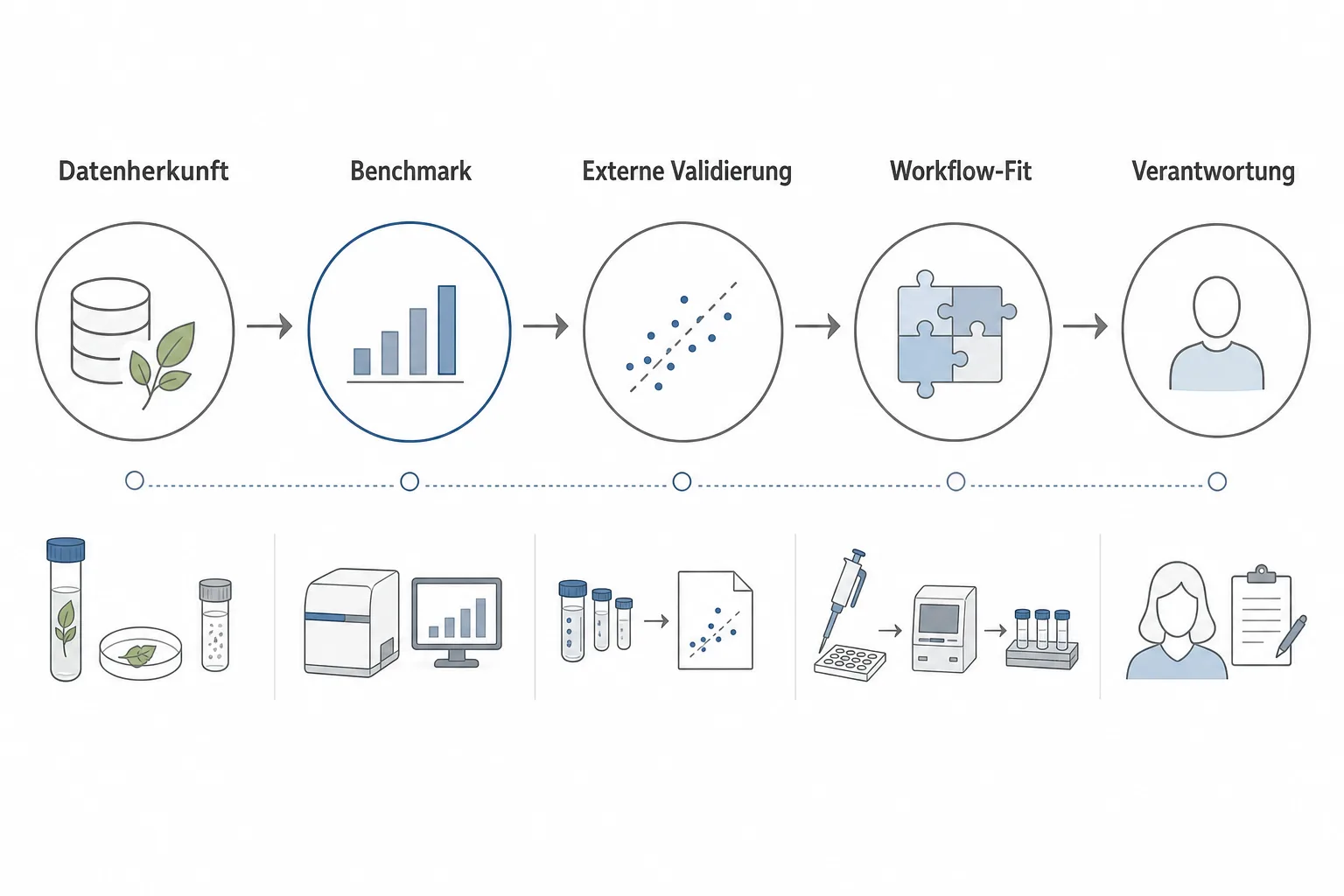 Erklärgrafik mit Datenherkunft Benchmark externer Validierung Workflow-Fit und Verantwortung