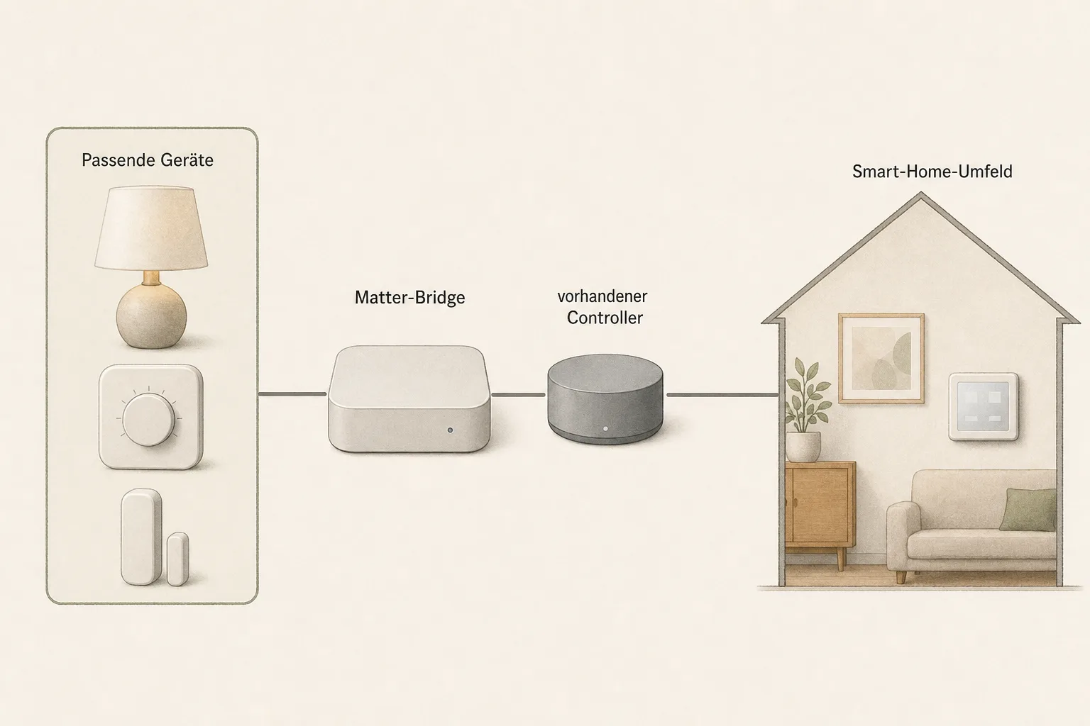 Redaktionelle Systemskizze mit passenden Geräten, einer Matter-Bridge, einem vorhandenen Controller und einem Smart-Home-Umfeld als getrennten Stationen.