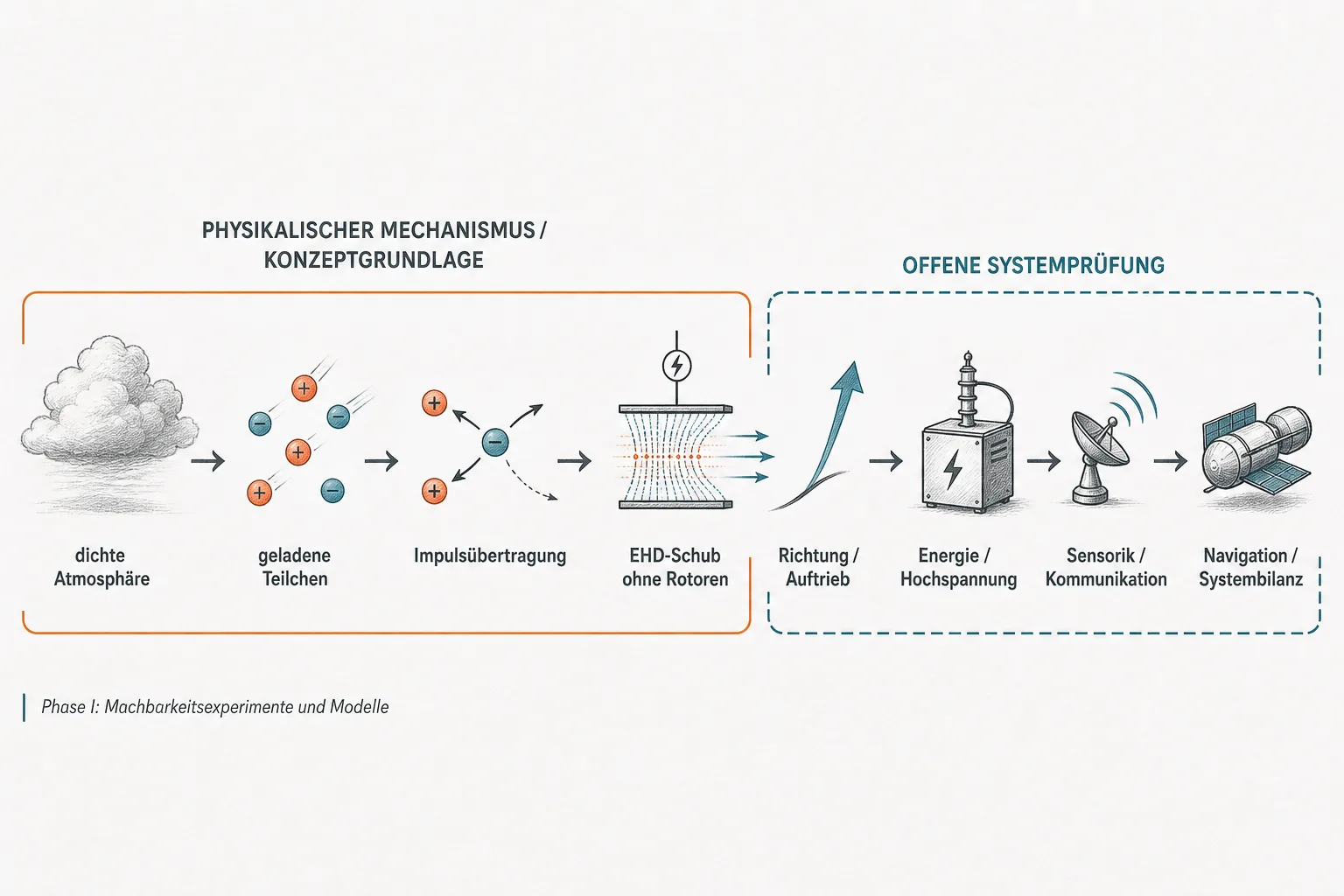 Redaktionelle Ablaufgrafik führt von dichter Atmosphäre und geladenen Teilchen über EHD-Schub bis zu Energie, Sensorik und Navigation