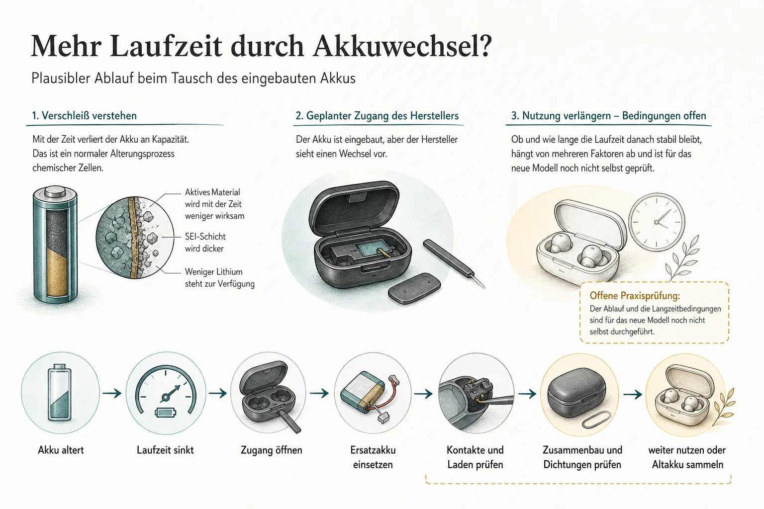 Ablaufgrafik führt vom alternden Akku über Zugang, Ersatzakku und Ladeprüfung bis zu Dichtungen und weiterer Nutzung