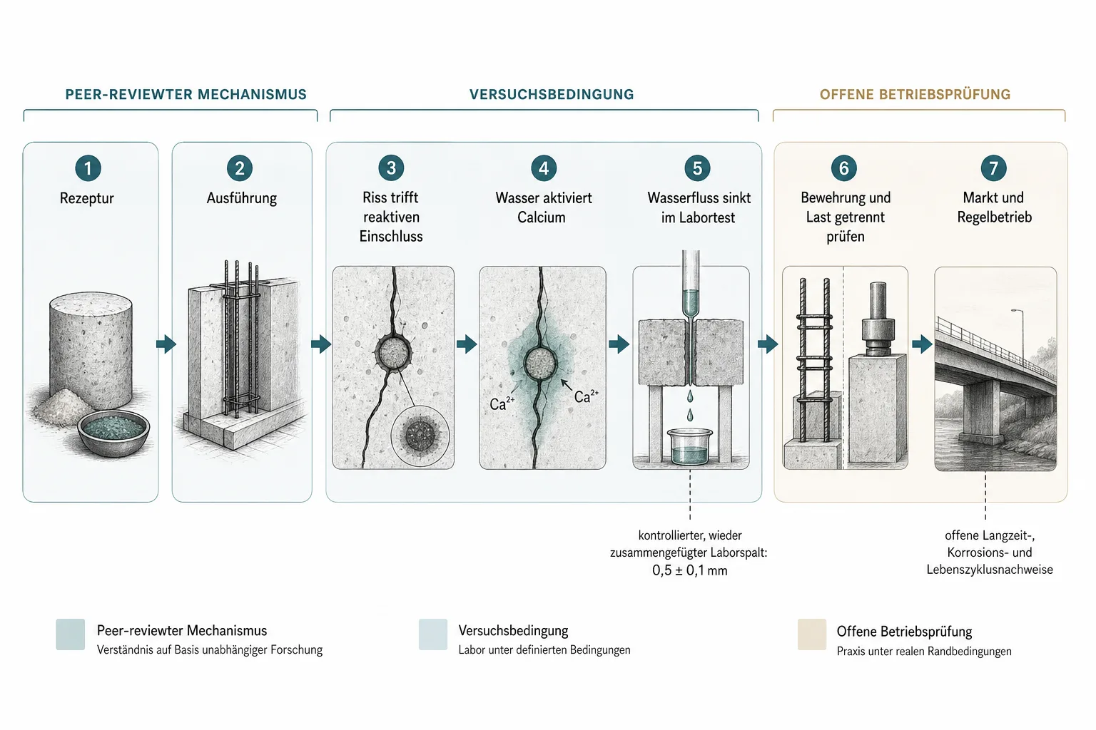 Prozessgrafik führt von Rezeptur und Ausführung über reaktiven Einschluss und Wasseraktivierung bis zu offenen Prüfungen im Stahlbeton
