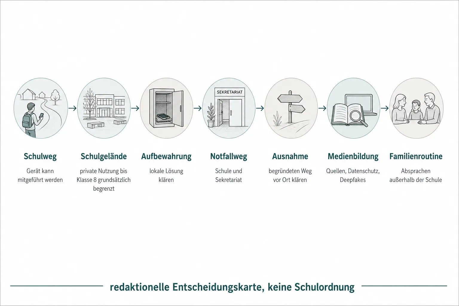 Originalgrafik verbindet Schulweg, Schulgelände, Aufbewahrung, Notfallweg, Ausnahme, Medienbildung und Familienroutine