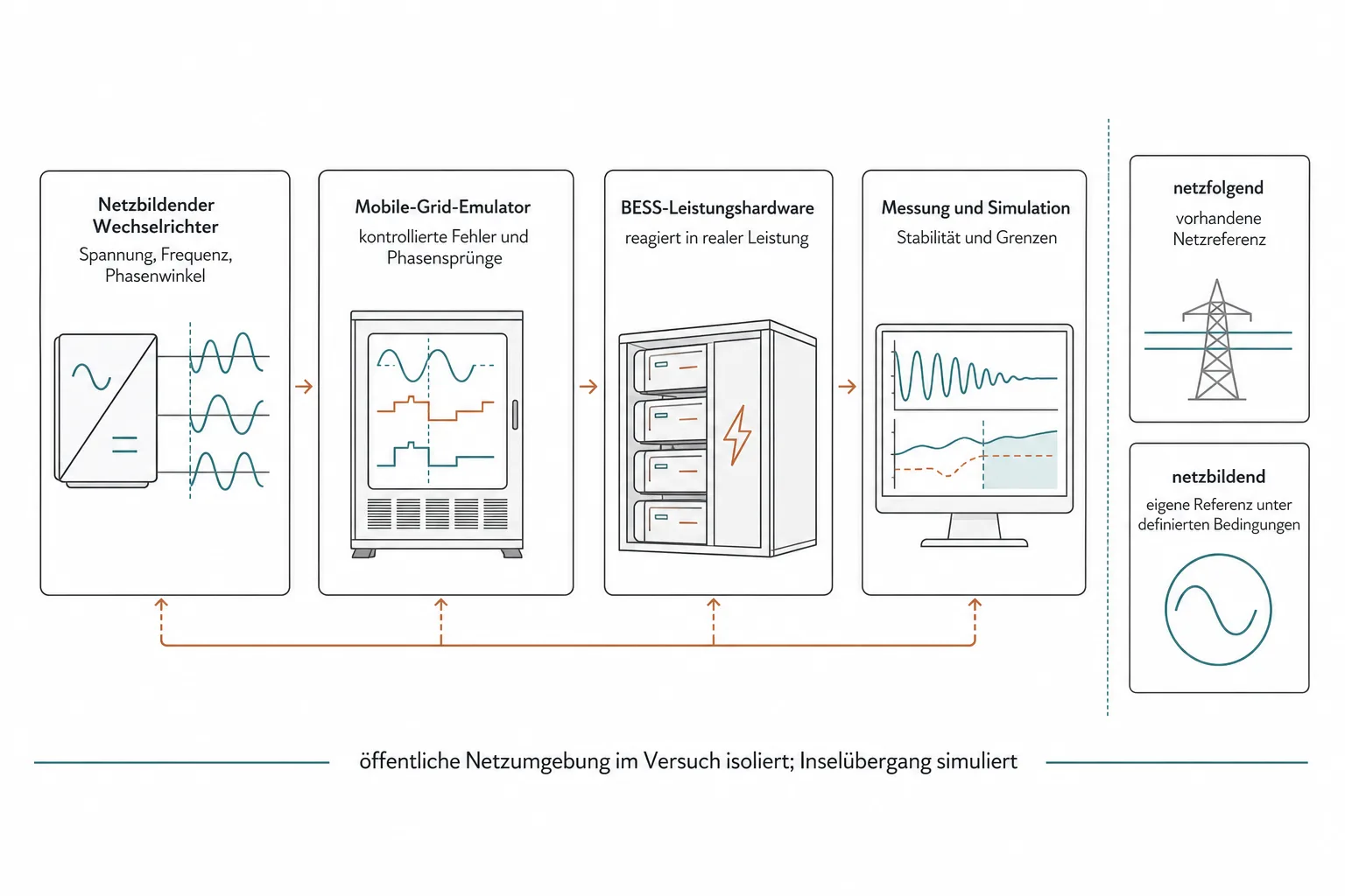 Originalgrafik zeigt den Weg vom netzbildenden Wechselrichter über den Mobile-Grid-Emulator und reale BESS-Leistungshardware zur Messung von Stabilität und Grenzen
