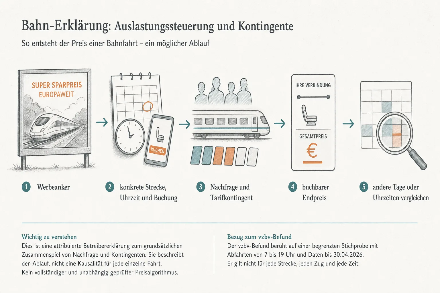 Originalgrafik zeigt den Weg vom Werbeanker über konkrete Verbindung und Tarifkontingent zum buchbaren Endpreis und zum Vergleich anderer Tage