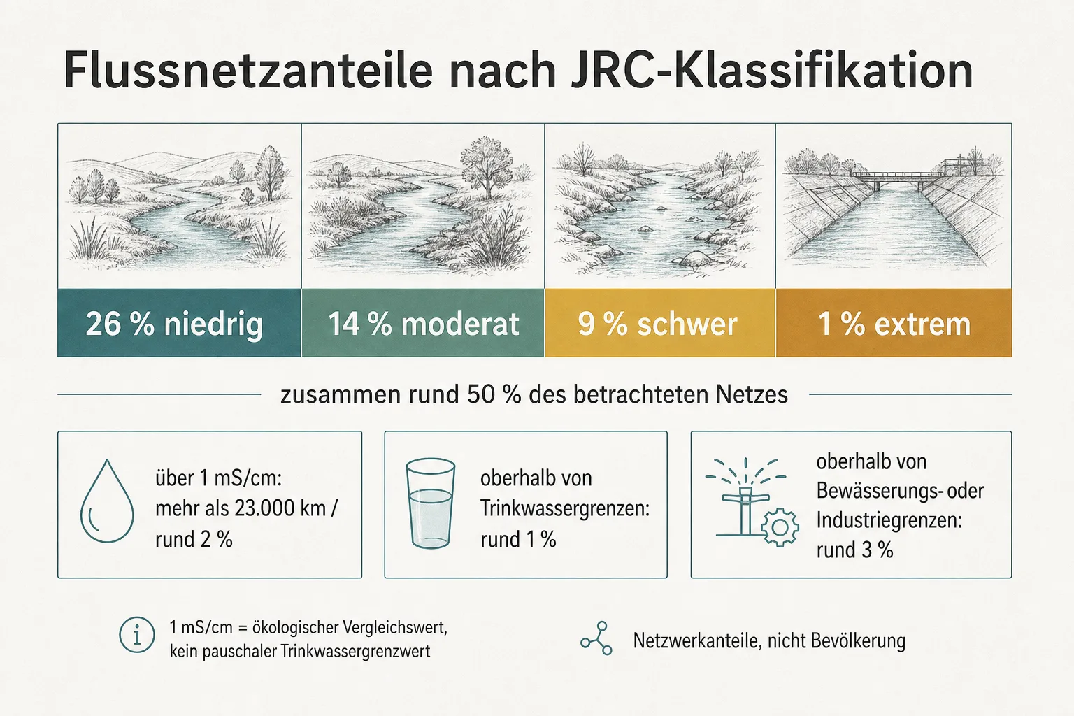 Originalgrafik trennt 26, 14, 9 und 1 Prozent Flussnetzanteile von den Bezugsgrößen für Leitfähigkeit, Trinkwasser sowie Bewässerung und Industrie