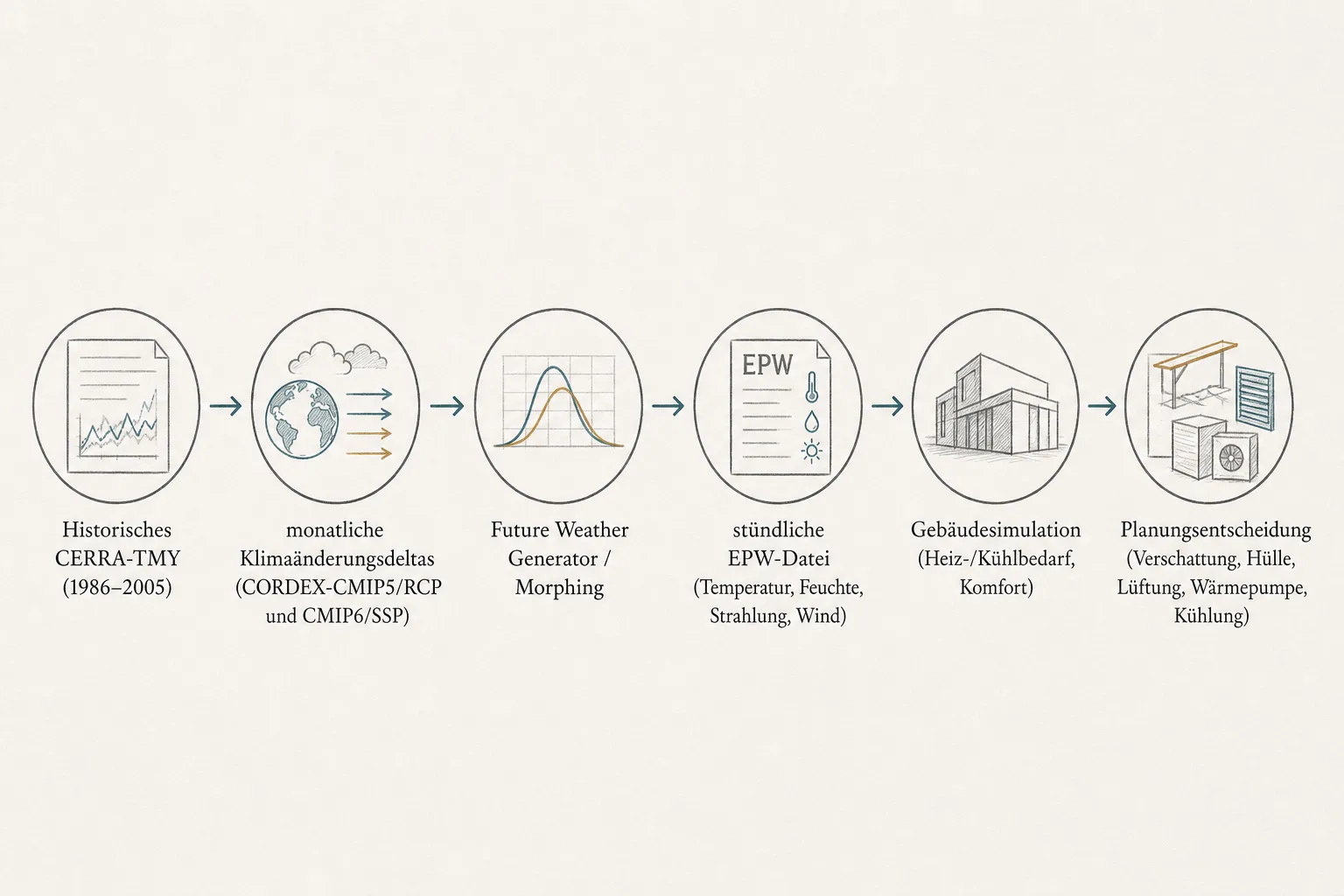 Originalgrafik zeigt den Weg vom historischen CERRA-TMY über Klimaänderungsdeltas und EPW-Datei zur Gebäudesimulation