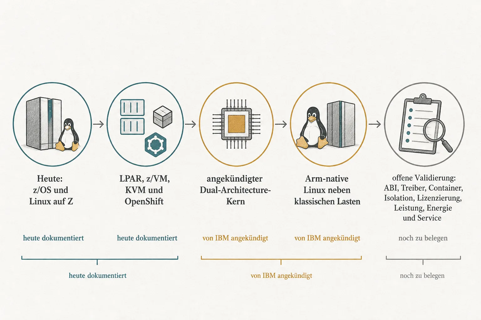 Originalgrafik zeigt den Weg von z/OS und Linux über LPAR, z/VM, KVM und OpenShift zur angekündigten Arm-Linux-Erweiterung