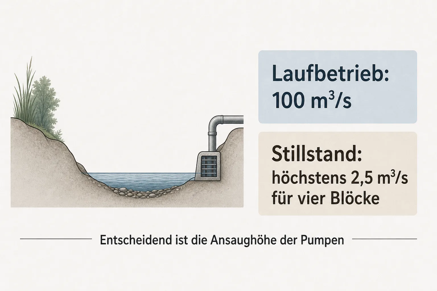 Eine redaktionelle Schnittgrafik zeigt eine niedrige Wasserlinie an einer Ansaugstelle sowie die MVM-Angaben von 100 Kubikmetern pro Sekunde im Laufbetrieb und höchstens 2,5 Kubikmetern pro Sekunde im Stillstand.