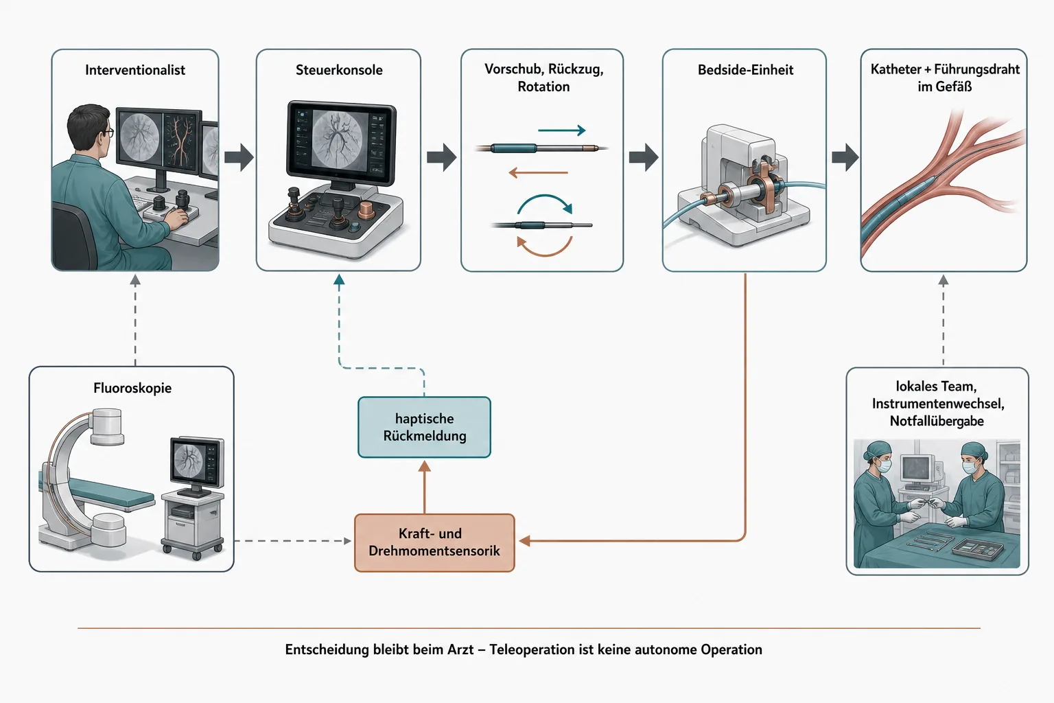 Technisches Schema von der ärztlichen Steuerkonsole über haptische Rückmeldung zur Bedside-Einheit mit lokalem Team