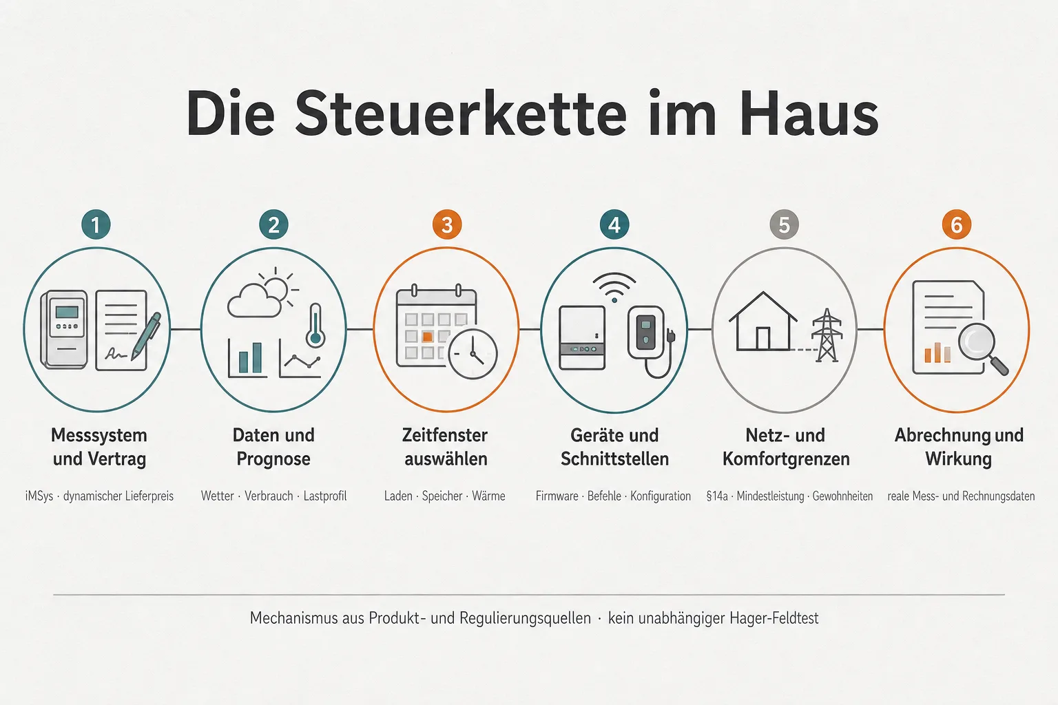 Originalgrafik erklärt die sechs Stationen von Messsystem und Vertrag über Prognose und Geräte bis zu Netzgrenzen und Abrechnung