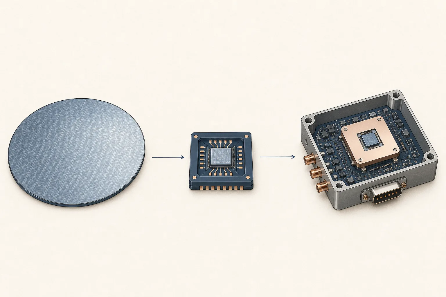 Eine textfreie redaktionelle Grafik verbindet einen neutralen Siliziumwafer, ein Packaging-Modul mit Kontaktpunkten und ein kompaktes Hardwaremodul.
