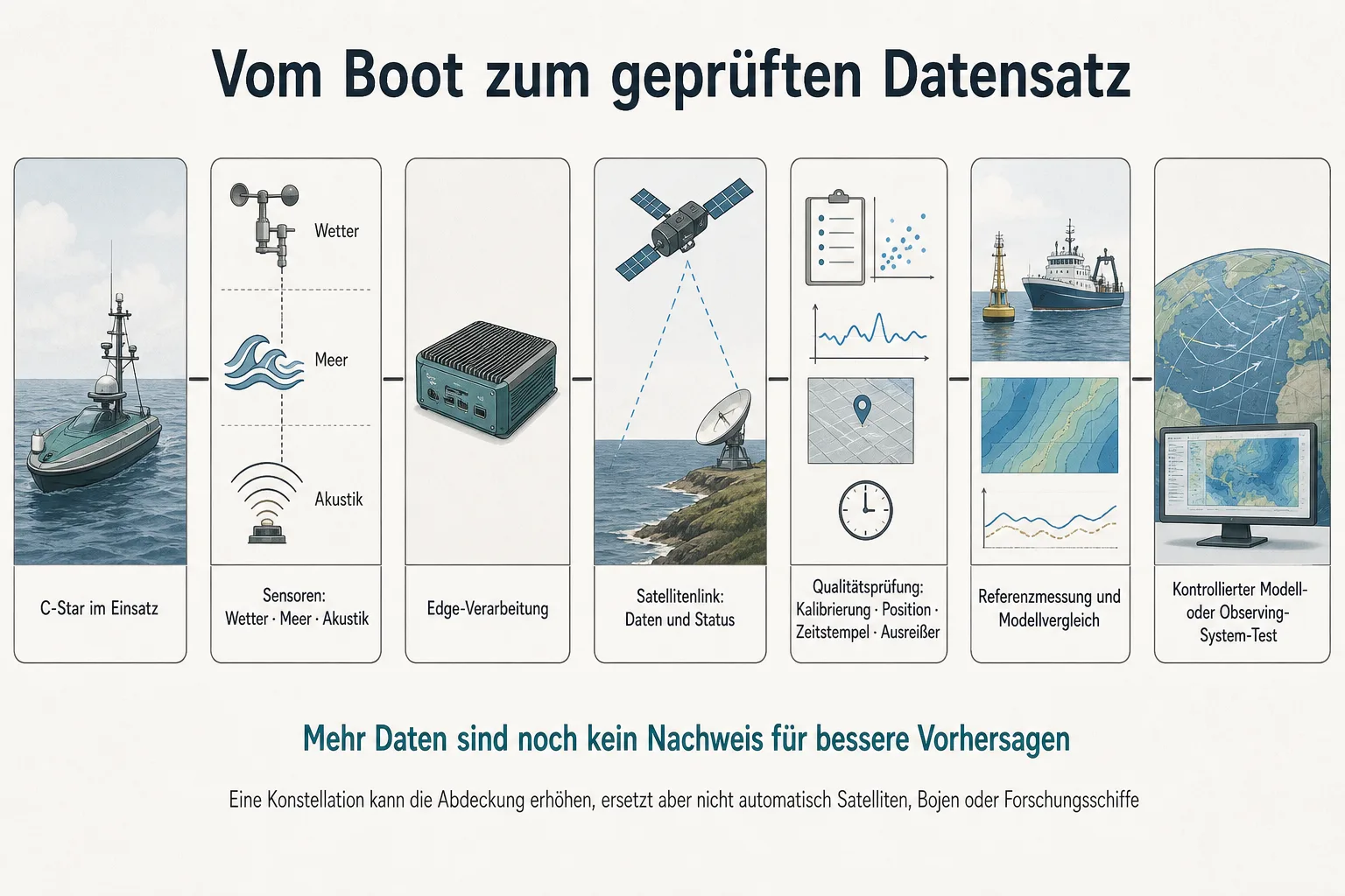 Ablaufgrafik zeigt den Weg von C-Star-Sensoren über Edge-Verarbeitung und Satellitenlink zur Qualitätsprüfung und zum Modelltest