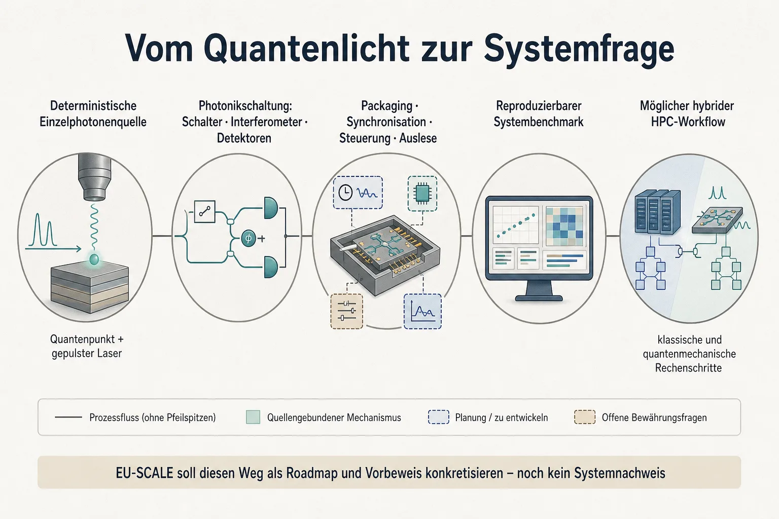 Prozessgrafik zeigt den Weg von der Einzelphotonenquelle über Photonikschaltung und Steuerung zum Systembenchmark und möglichen HPC-Workflow