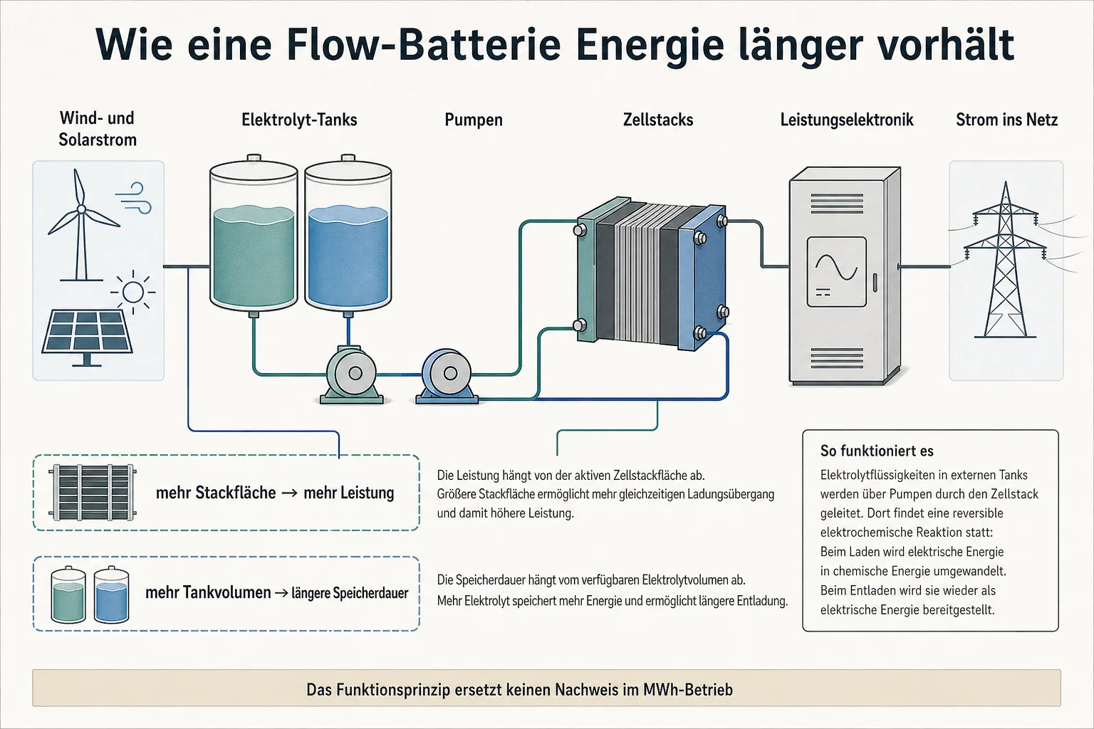 Prozessgrafik zeigt Wind- und Solarstrom, Elektrolyt-Tanks, Pumpen, Zellstacks, Leistungselektronik und Strom ins Netz