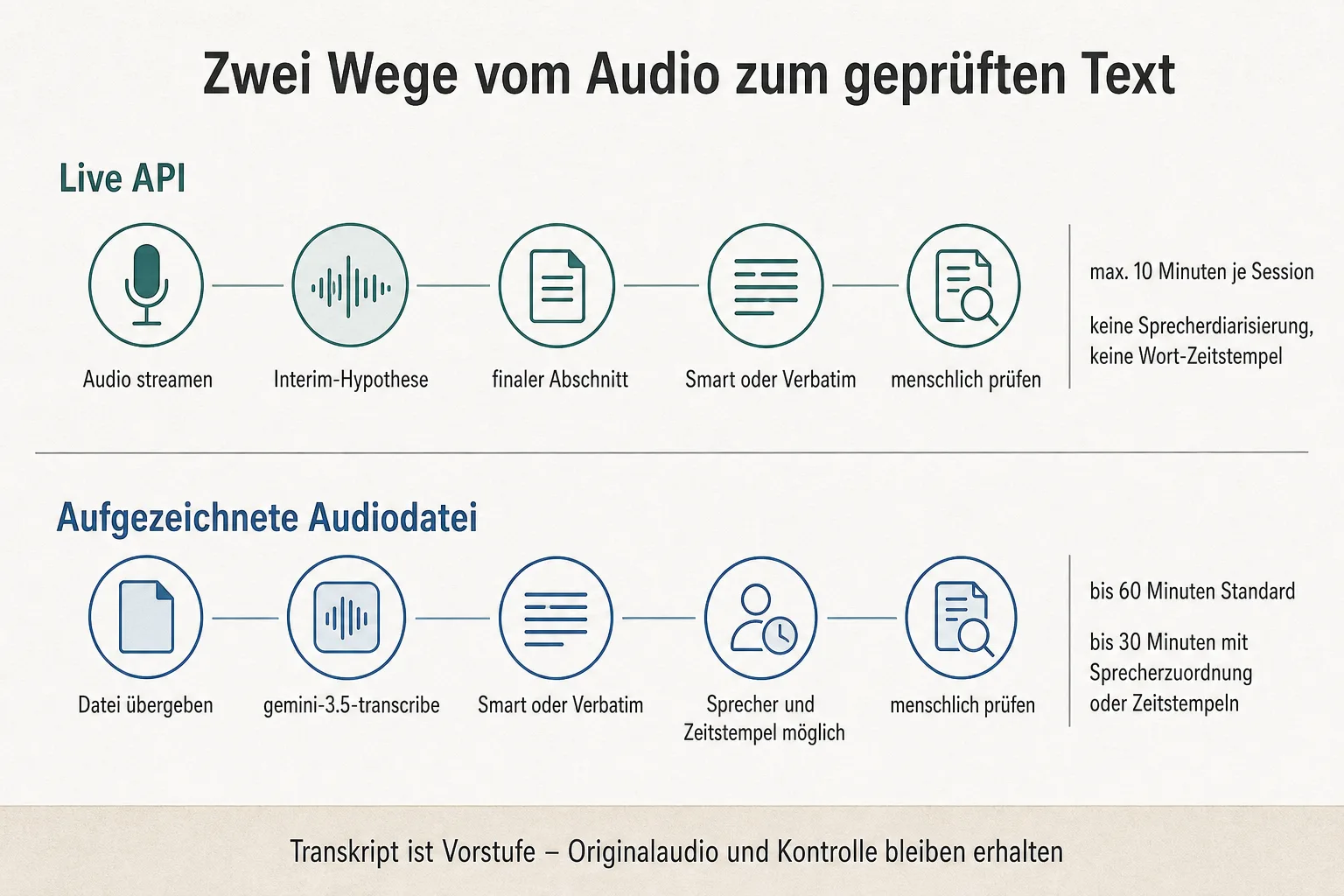 Prozessgrafik stellt Live-Audio mit Interim- und finalem Text einer aufgezeichneten Audiodatei mit Sprecher- und Zeitstempeloptionen gegenüber
