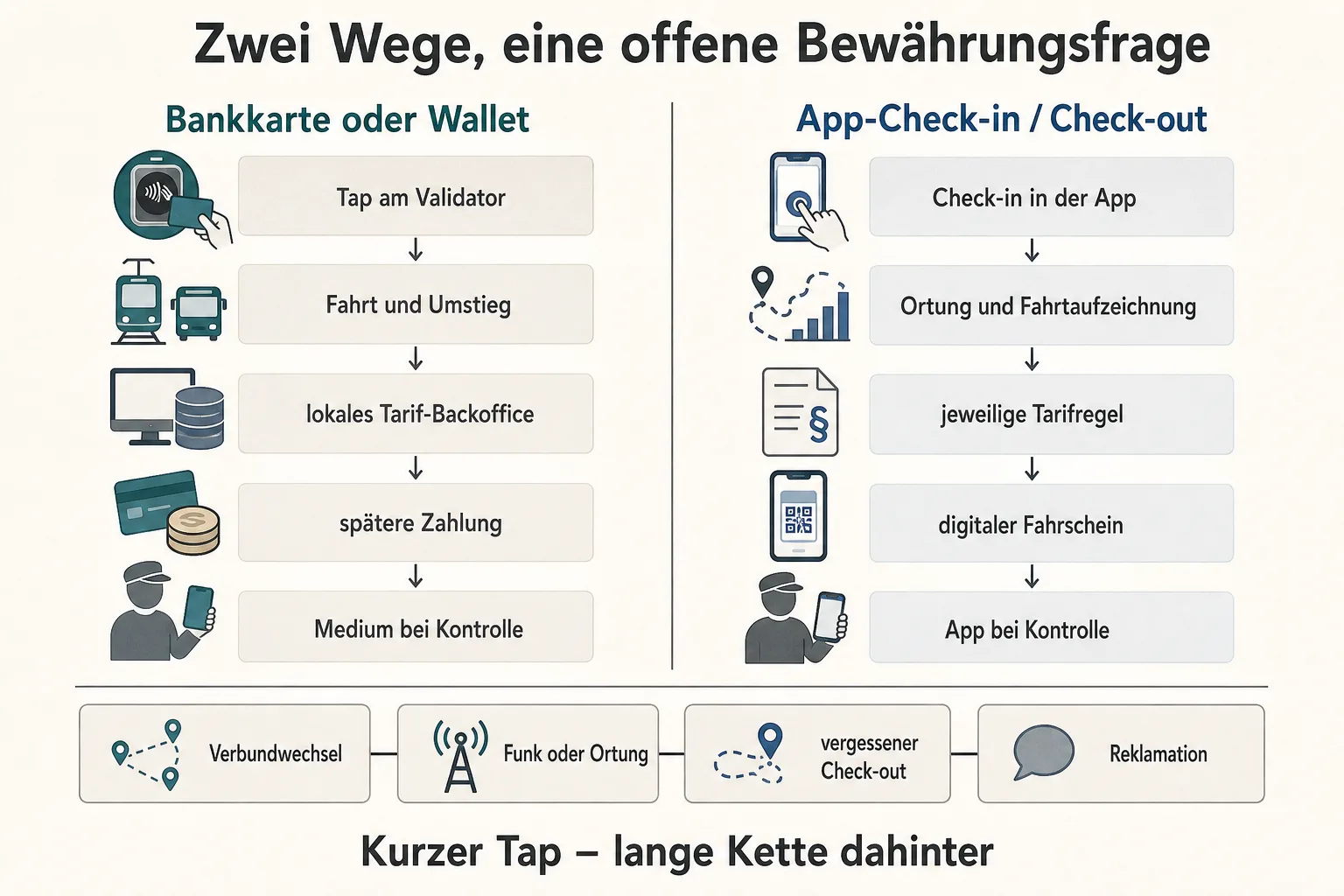 Originalgrafik vergleicht Bankkarte oder Wallet am Validator mit App-Check-in und Check-out von Fahrtbeginn bis Kontrolle und Reklamation
