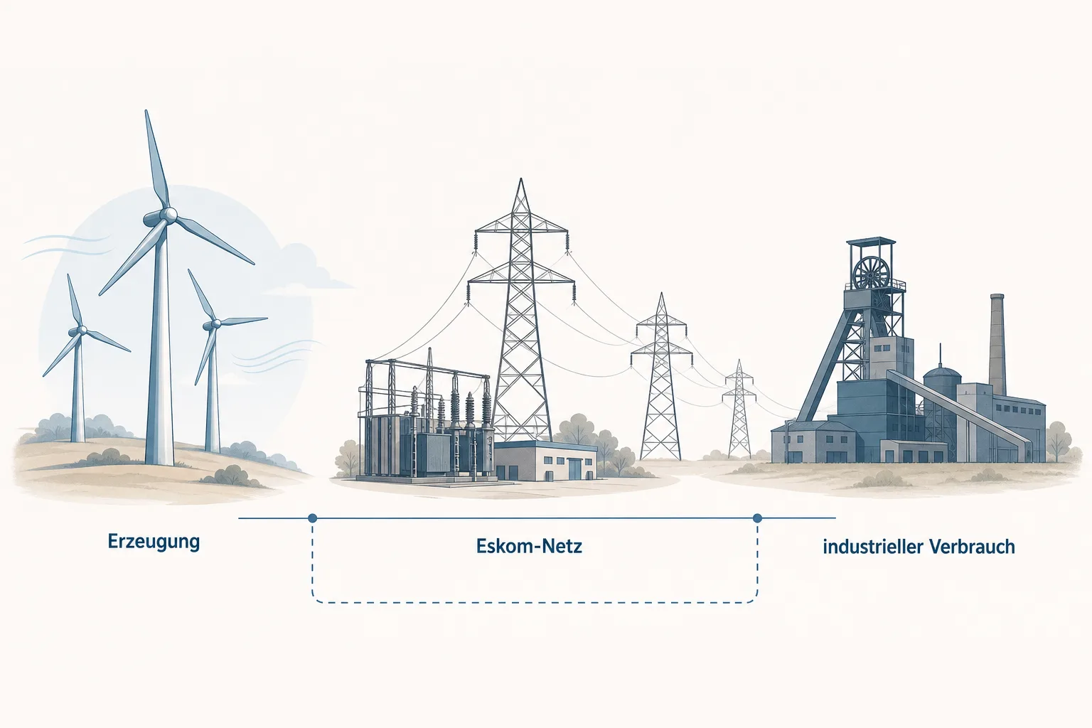 Schematische Darstellung von Windturbinen, Eskom-Netz und industriellem Verbrauch mit beschrifteten Verbindungslinien.