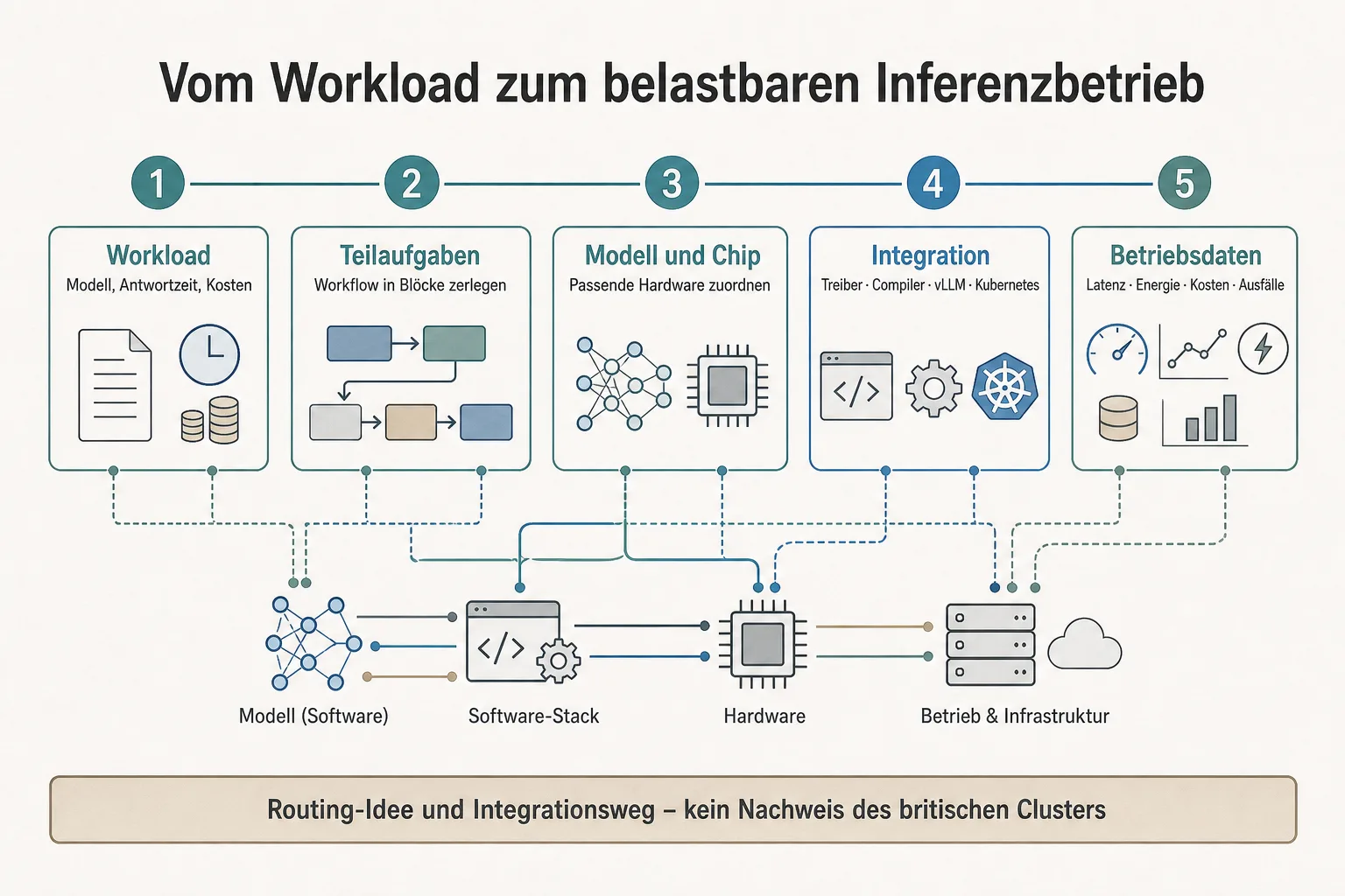 Originalgrafik zeigt den Weg von Workload und Teilaufgaben über Modell- und Chipwahl sowie Integration zu messbaren Betriebsdaten