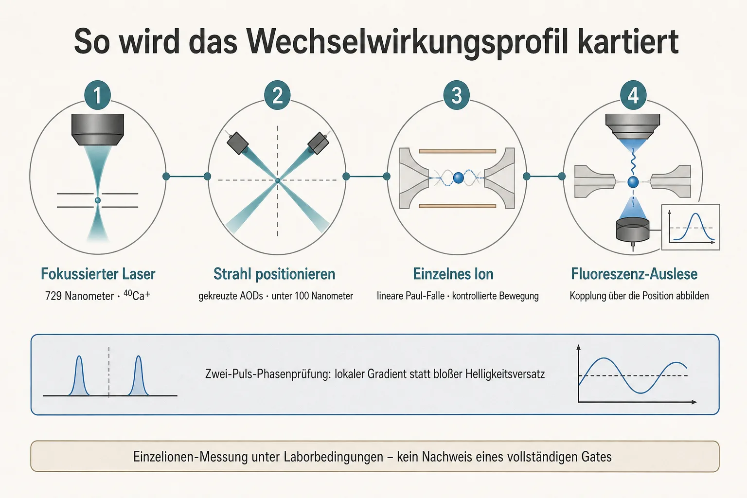 Ablaufgrafik zeigt 729-Nanometer-Laser, Strahlscan über ein gefangenes Calcium-Ion und Fluoreszenz-Auslese