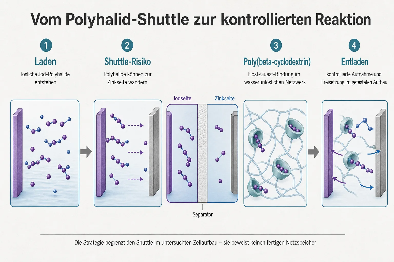 Originalgrafik zeigt den Weg von Jod-Polyhaliden über Shuttle-Risiko und Polycyclodextrin-Bindung zur kontrollierten Reaktion