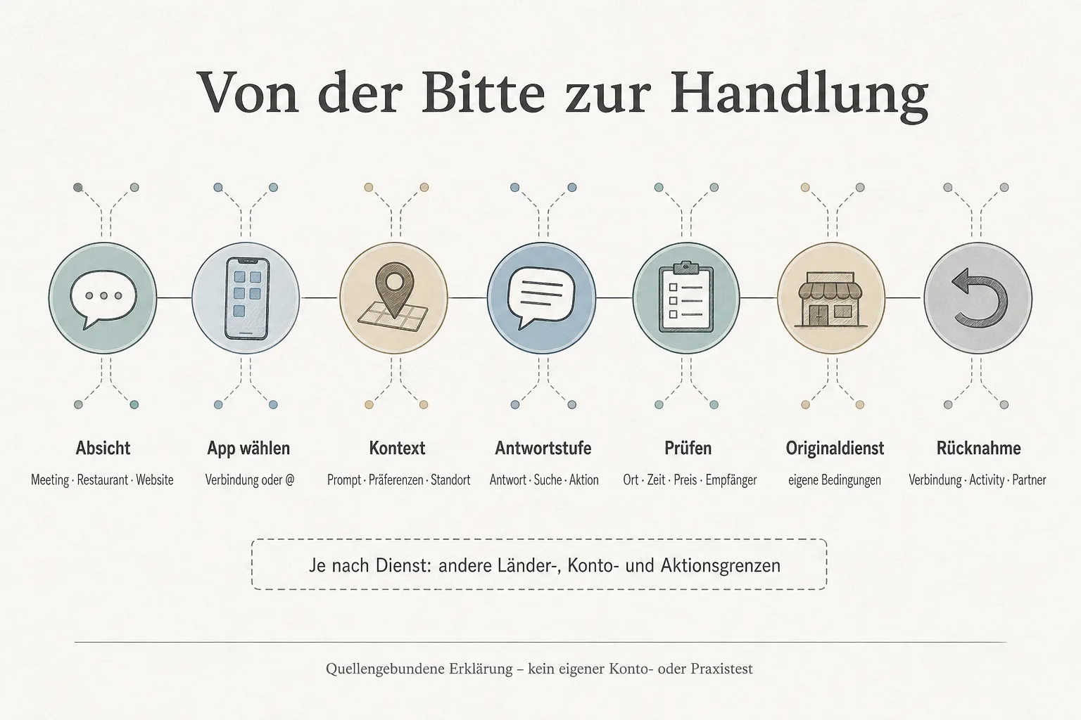 Originalgrafik zeigt Absicht, App-Auswahl, Kontext, Antwortstufe, Prüfung, Originaldienst und Rücknahme