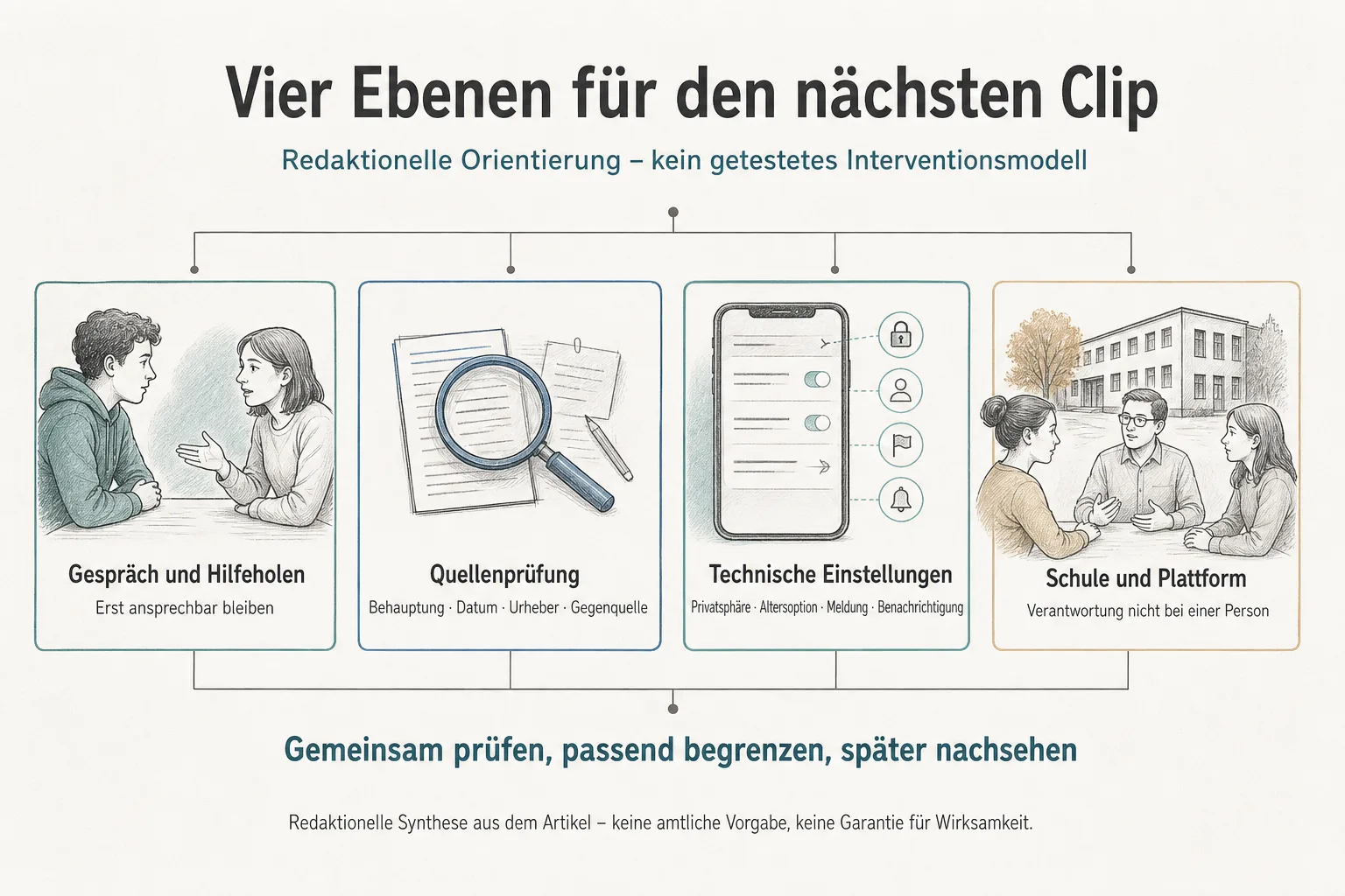 Originalgrafik ordnet vier redaktionelle Ebenen für den Umgang mit einem fragwürdigen Clip