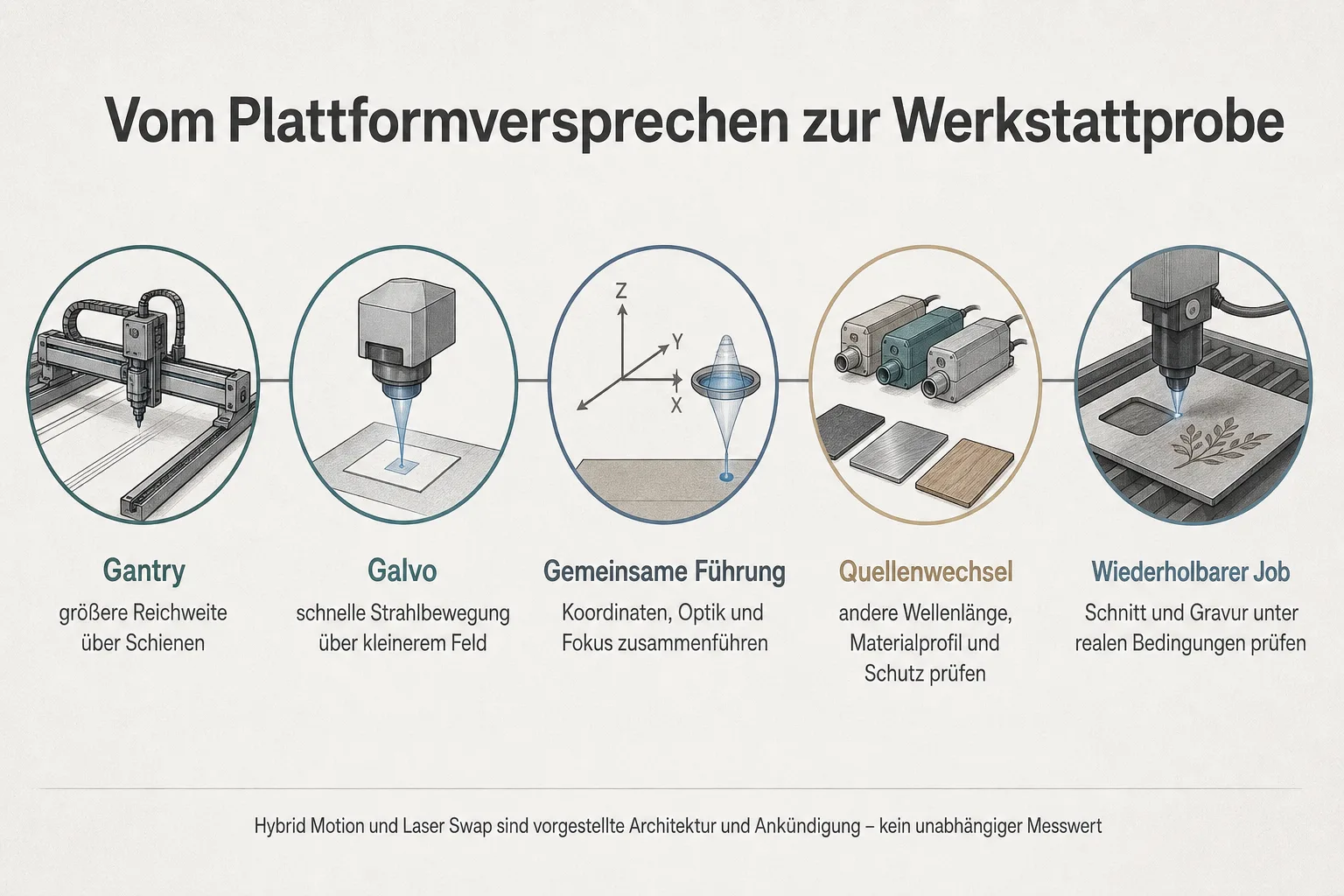 Redaktionelle Prozessgrafik zu Gantry, Galvo, gemeinsamer Führung, Quellenwechsel und wiederholbarem Job