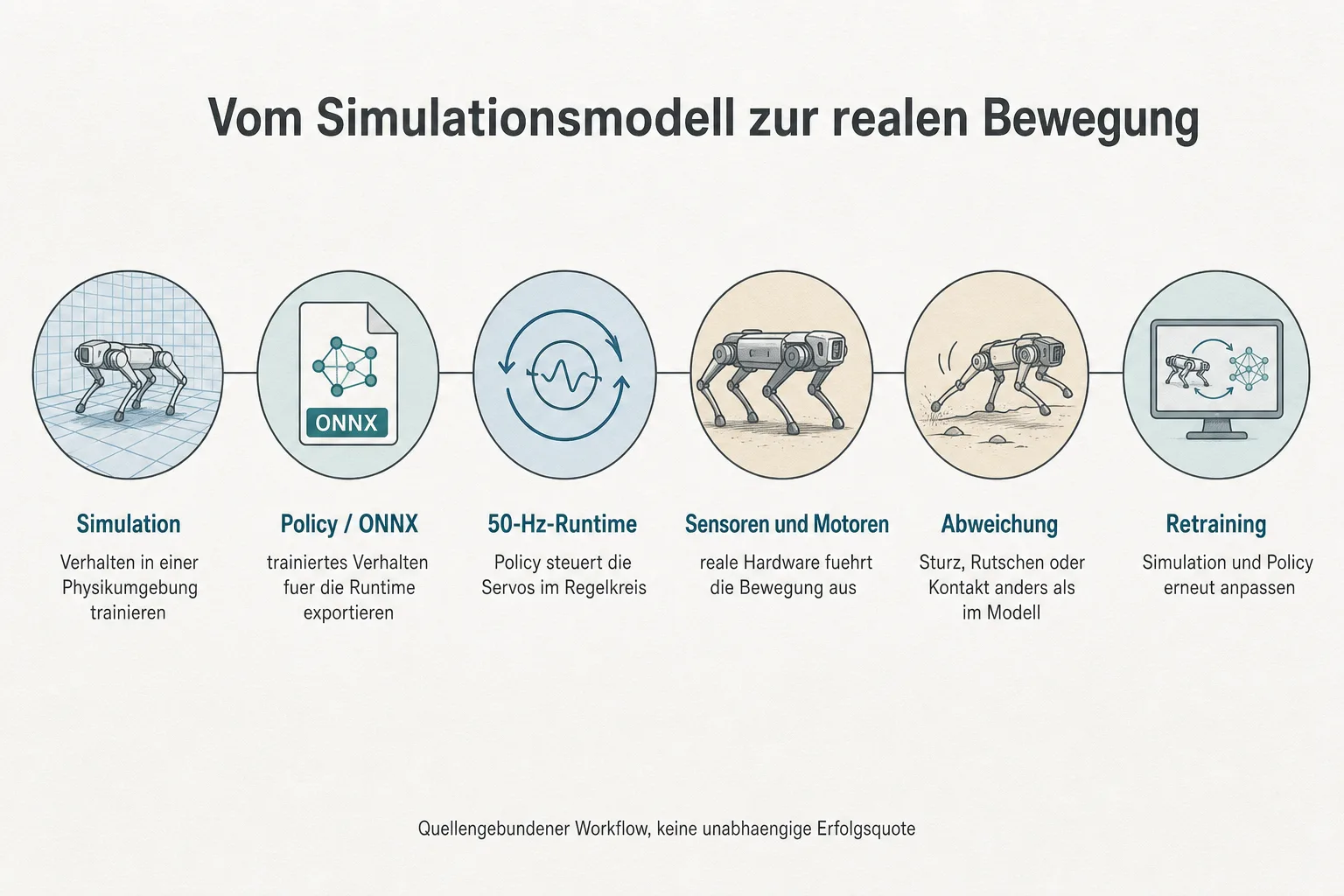 Originalgrafik erklaert Simulation, Policy-Export, 50-Hz-Runtime, Sensoren und Motoren, Abweichung und Retraining