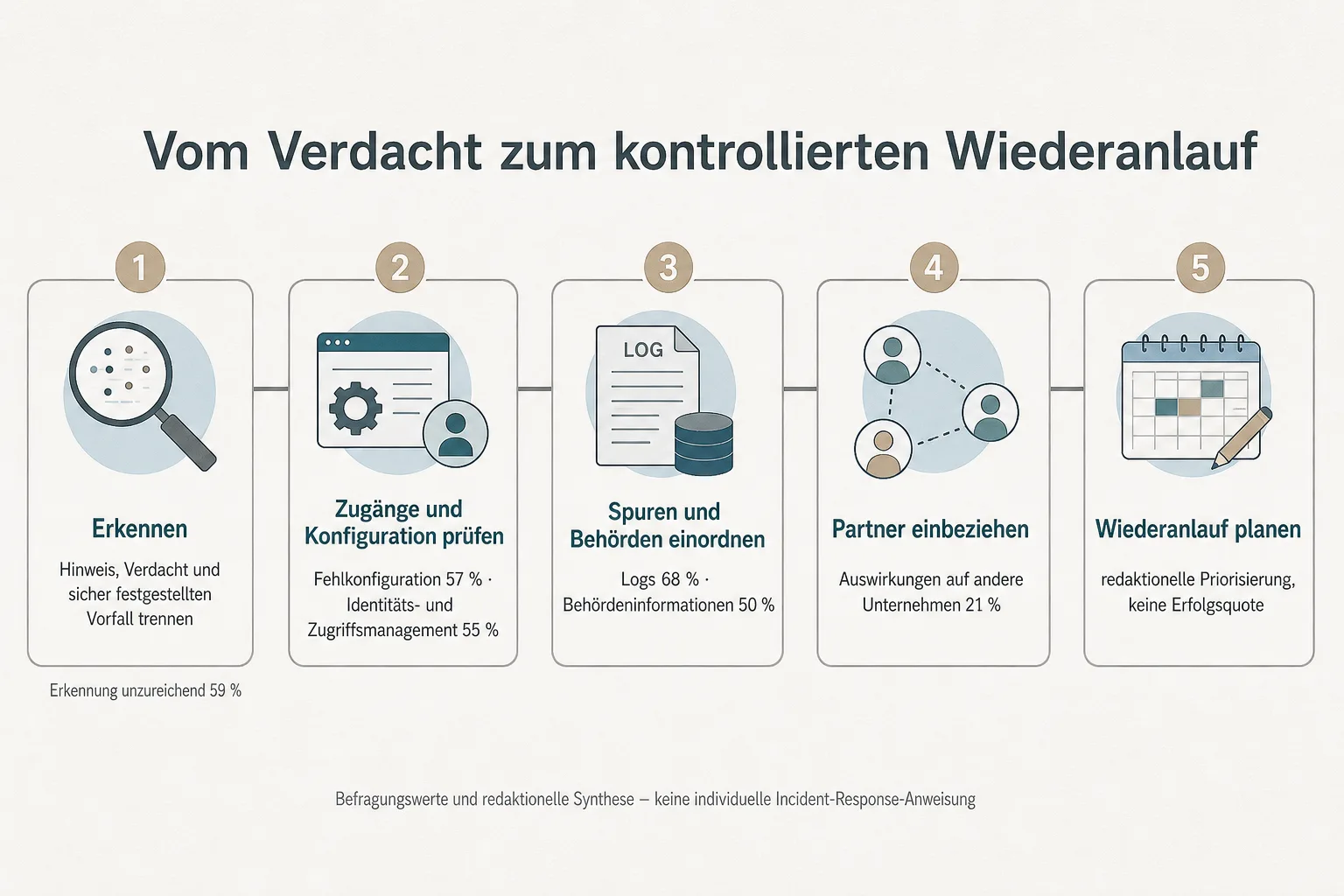 Originalgrafik zeigt fünf Stationen von der Vorfallserkennung über Zugänge und Spuren bis zum Wiederanlauf