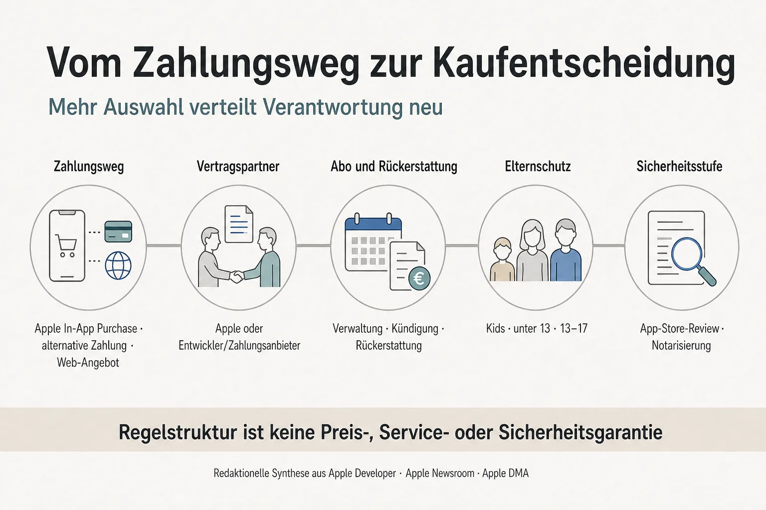 Originalgrafik ordnet Zahlungsweg, Vertragspartner, Abo und Rückerstattung, Elternschutz sowie Sicherheitsstufe als Prüfschritte