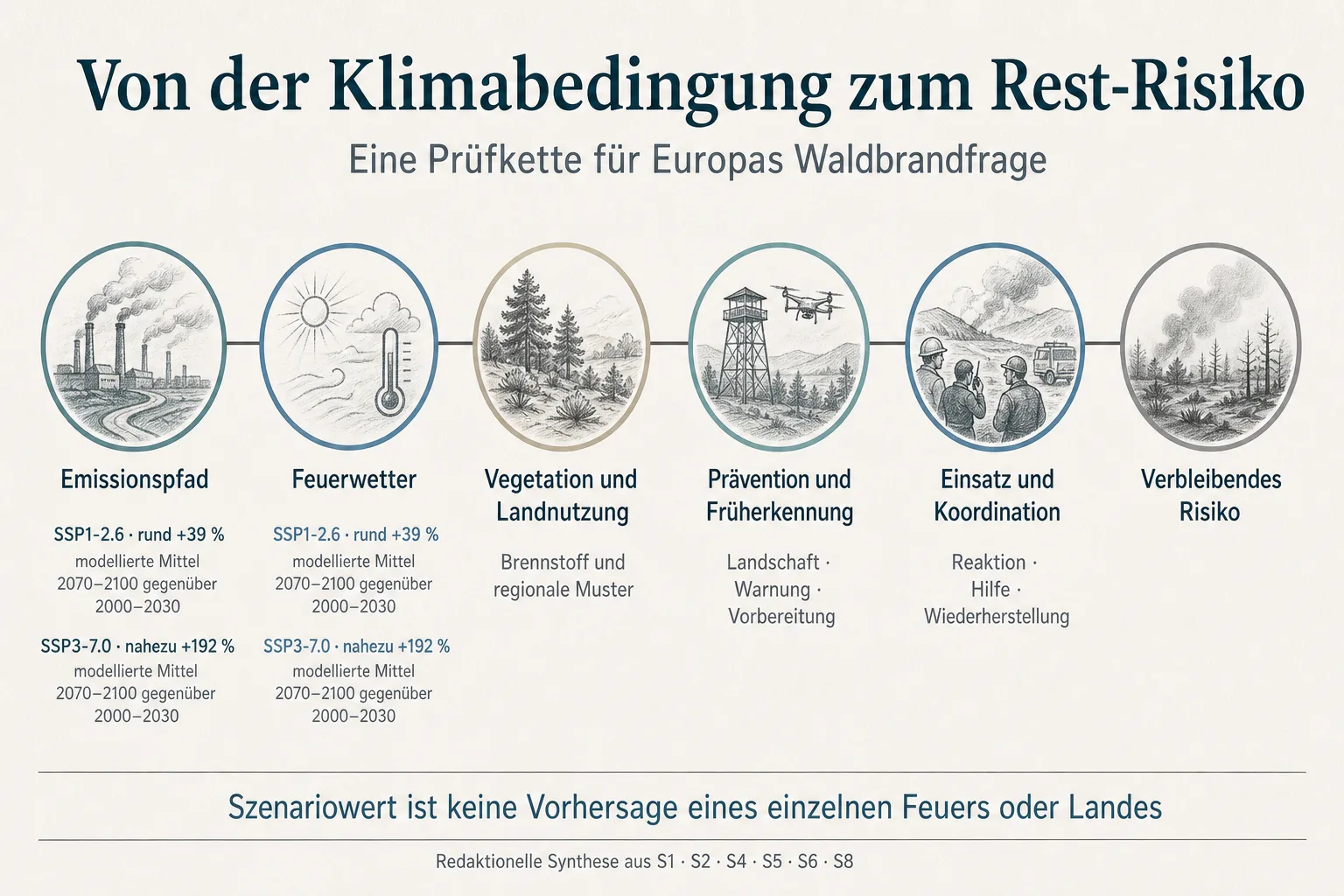 Originalgrafik ordnet Emissionspfad, Feuerwetter, Landschaft, Prävention, Einsatz und verbleibendes Waldbrandrisiko