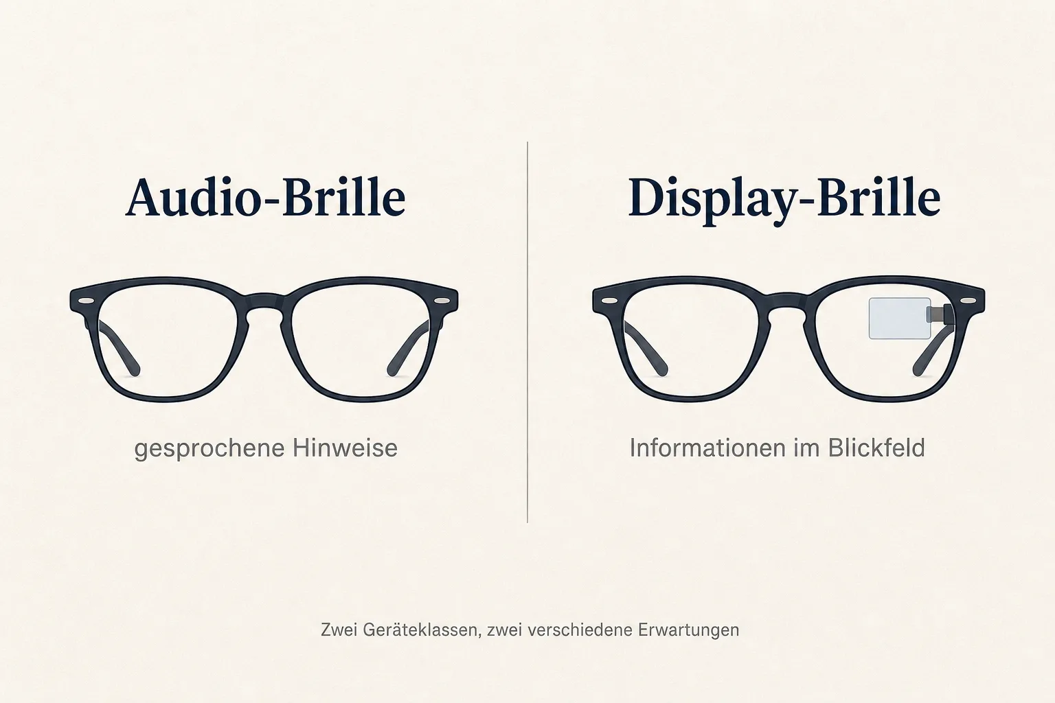 Zweiteilige Erklärgrafik stellt einer Audio-Brille mit gesprochenen Hinweisen eine separate Display-Brille mit Informationen im Blickfeld gegenüber