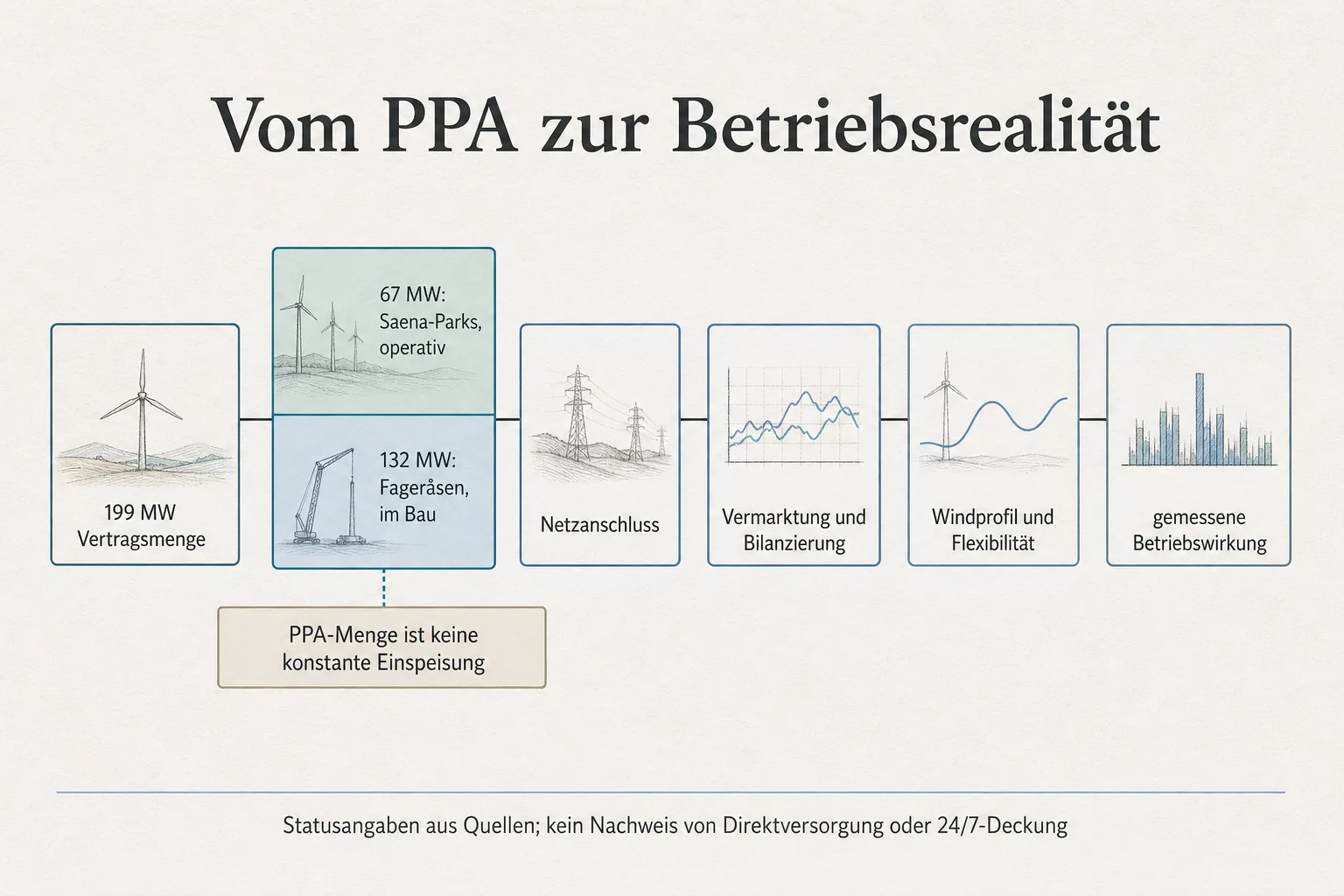 Originalgrafik ordnet 199 MW Vertragsmenge über 67 MW operative Saena-Parks und 132 MW Fageråsen im Bau bis zu Netzanschluss, Bilanzierung, Flexibilität und gemessener Betriebswirkung.