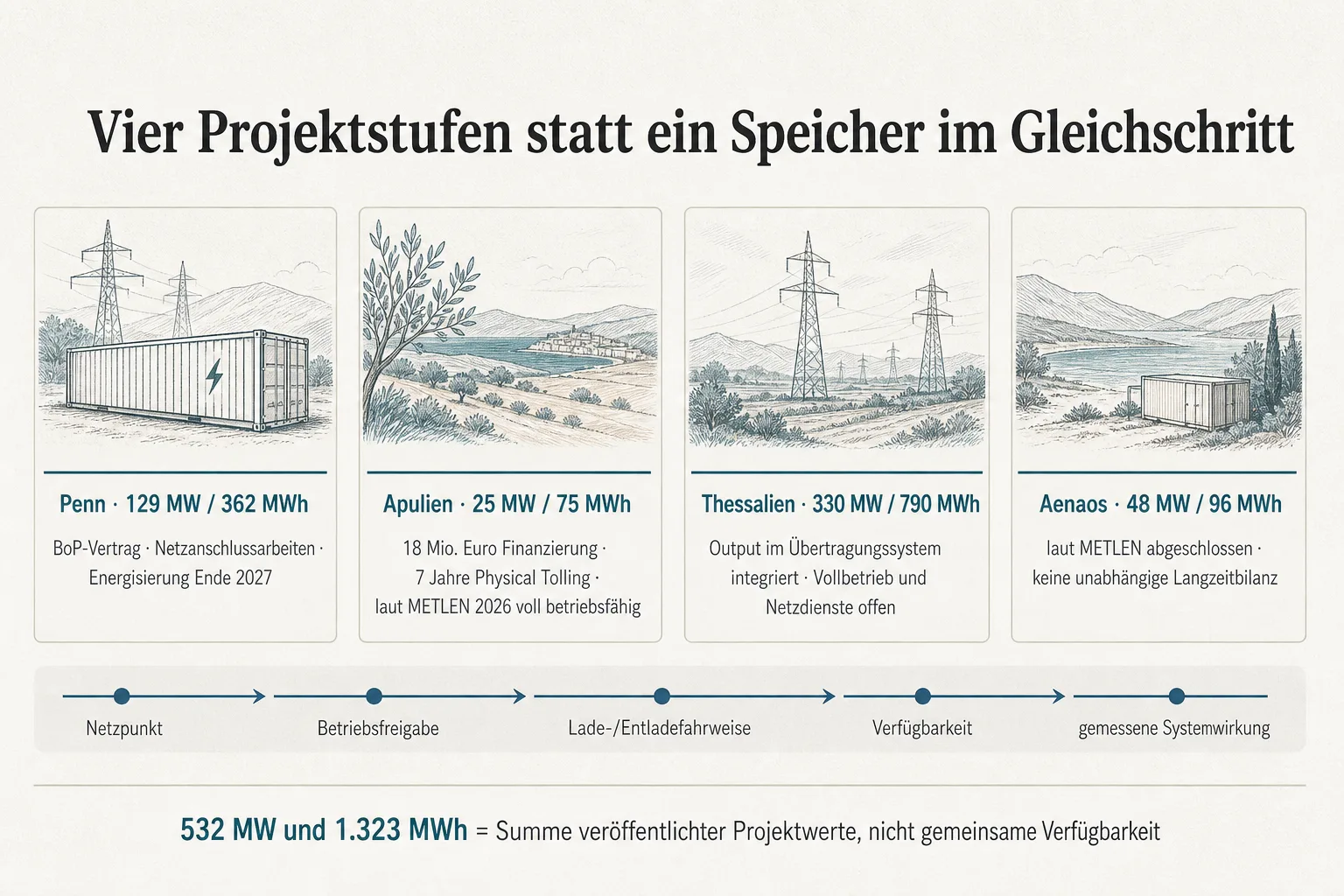 Originalgrafik ordnet Penn, Apulien, Thessalien und Aenaos nach Projektstatus und führt zu Netzpunkt, Fahrweise und gemessener Systemwirkung