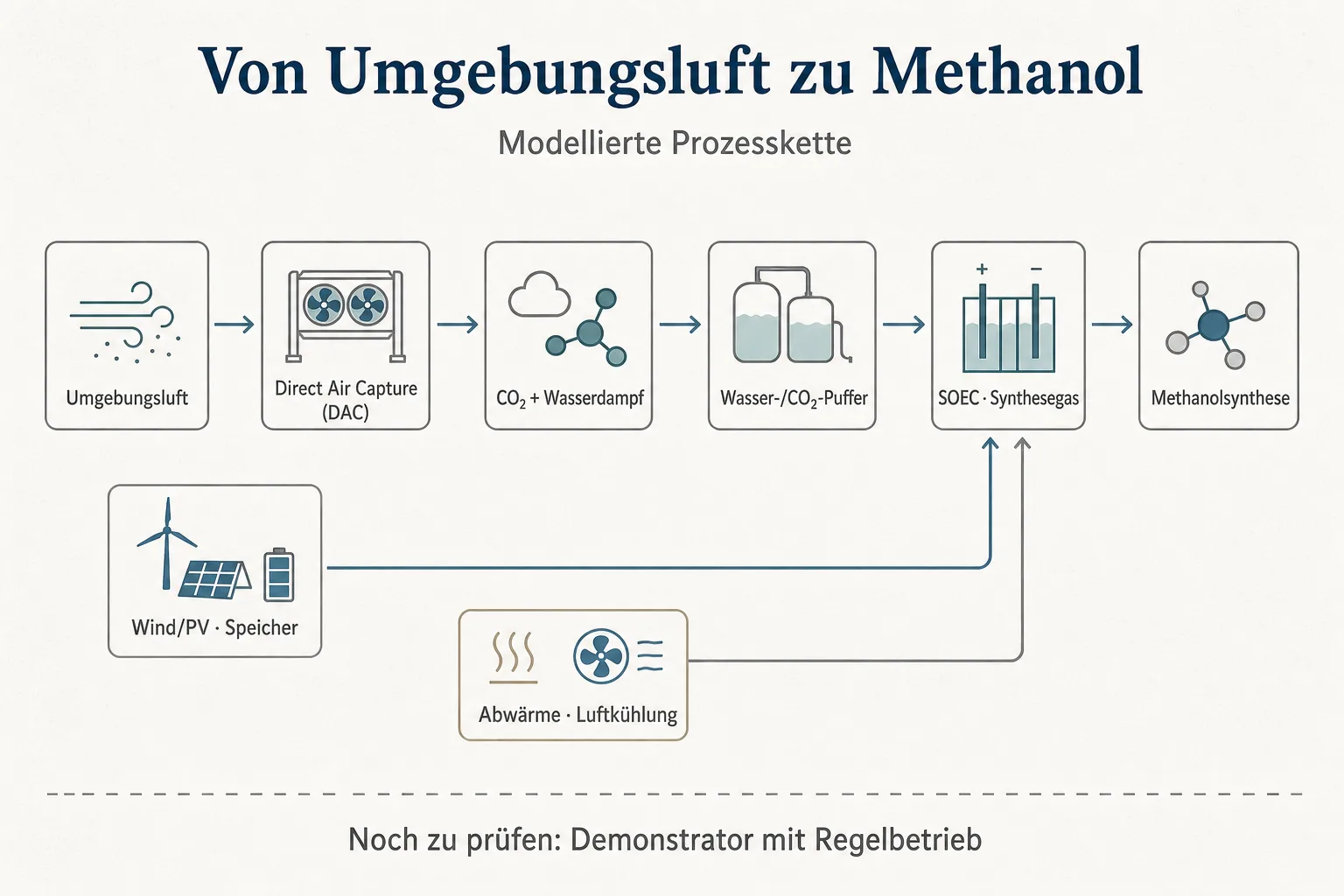 Originalgrafik ordnet Umgebungsluft, Direct Air Capture, Wasser- und CO₂-Puffer, SOEC, Methanolsynthese, Wind und PV bis zum offenen Demonstratornachweis