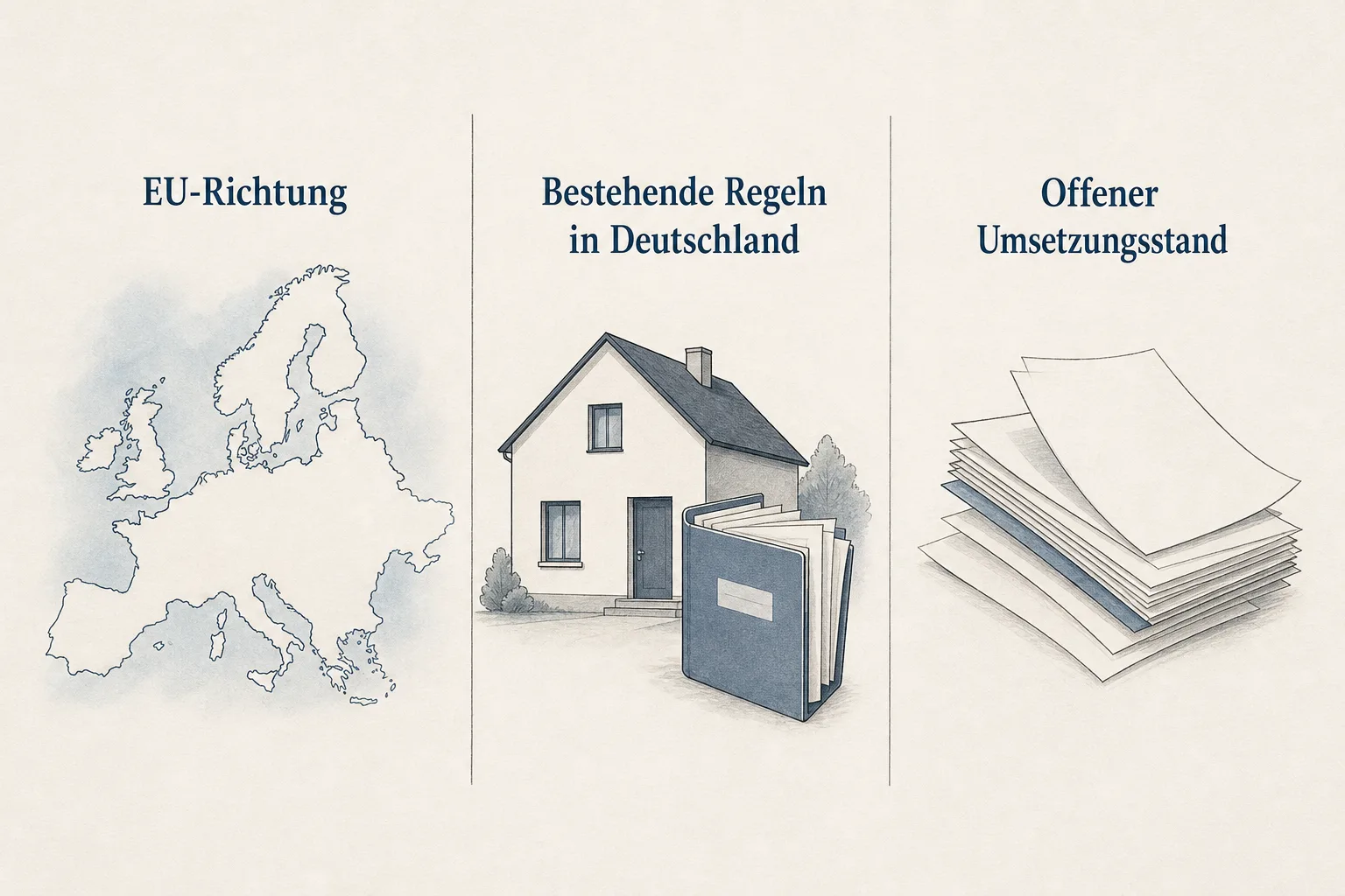 Redaktionelle Grafik trennt EU-Richtung, bestehende Regeln in Deutschland und den offenen Umsetzungsstand.