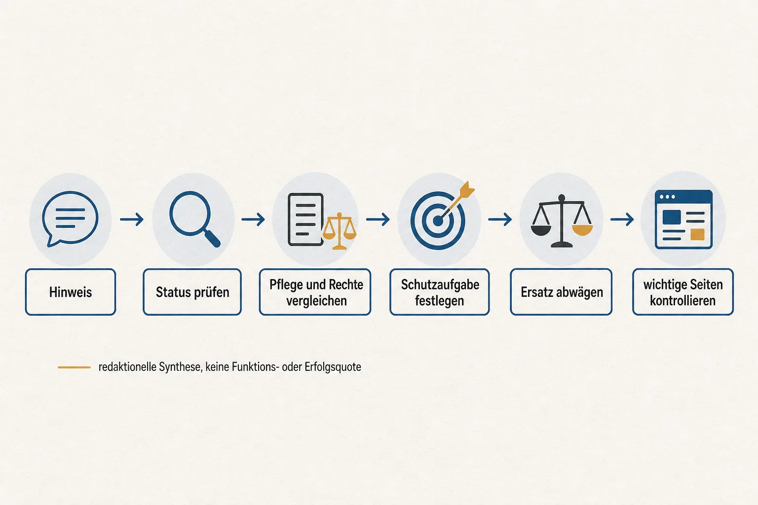 Eine deutsche Ablaufgrafik führt von einem Hinweis über Status, Pflege, Rechte und Schutzaufgabe bis zur Kontrolle wichtiger Seiten.