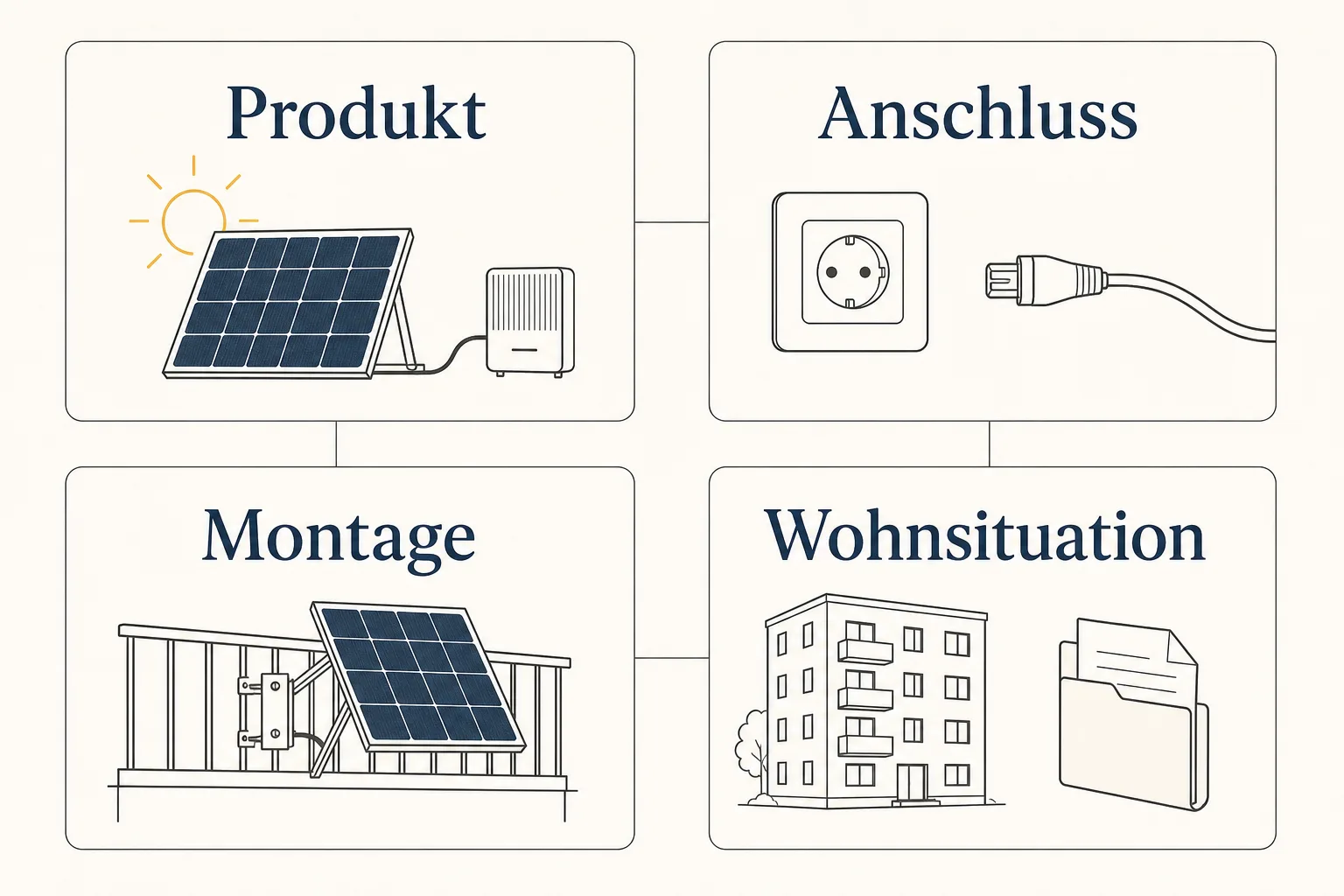 Redaktionelle Grafik zeigt die getrennten Prüffelder Produkt, Anschluss, Montage und Wohnsituation für Steckersolar.