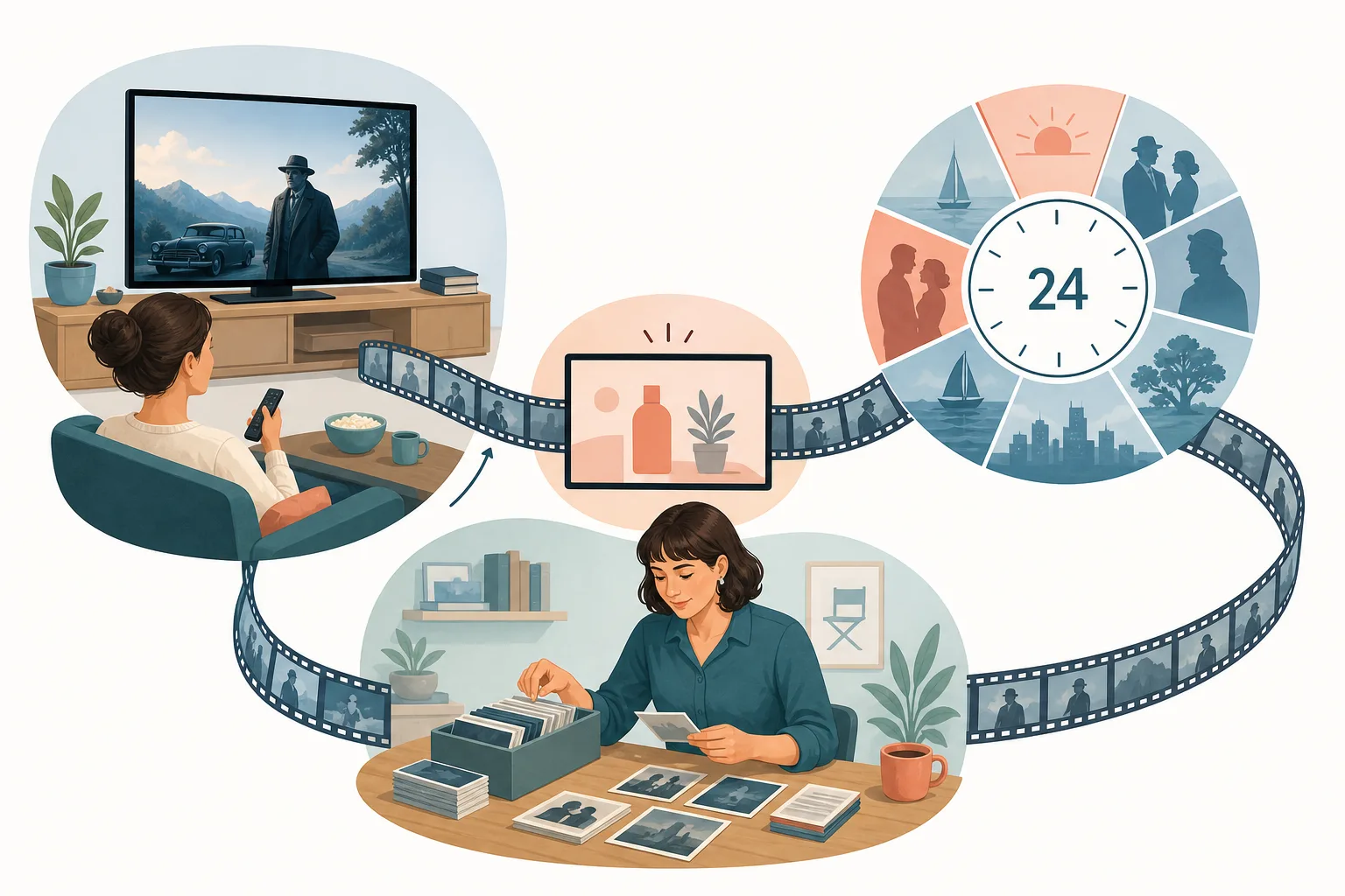 Redaktionelle Grafik mit Fernseher, fortlaufendem Filmstreifen, Werbeunterbrechung und Tagesplan