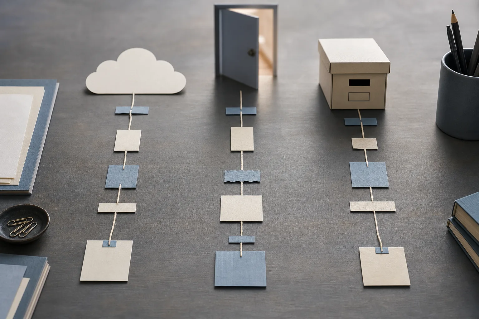 Drei Papierwege führen zu einer Wolke, einer halb geöffneten Tür und einer geschlossenen Archivbox.
