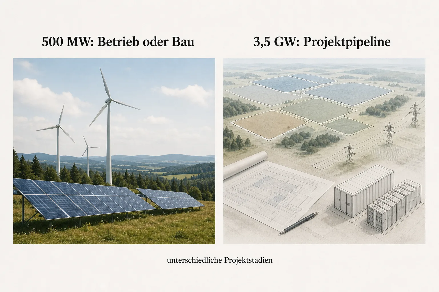 Infografik trennt 500 MW Wind und Solar in Betrieb oder Bau von einer 3,5-GW-Projektpipeline.
