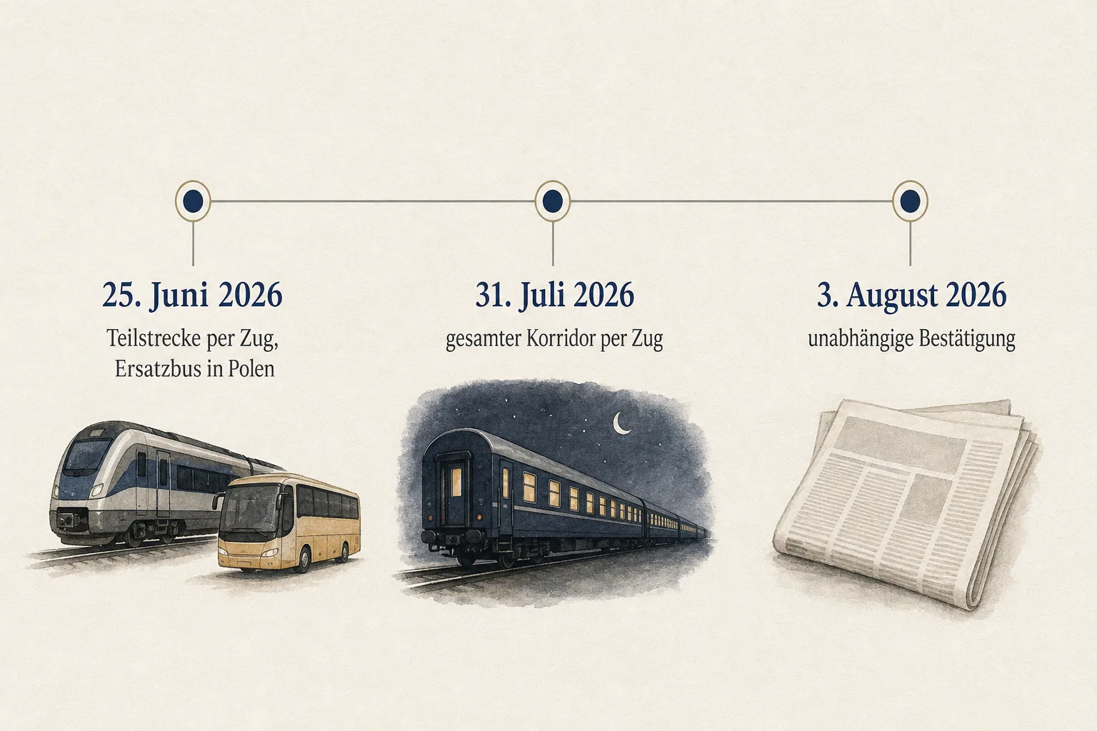 Zeitachse zeigt Teilbetrieb ab 25. Juni, vollständigen Zugbetrieb ab 31. Juli und eine unabhängige Bestätigung am 3. August 2026.